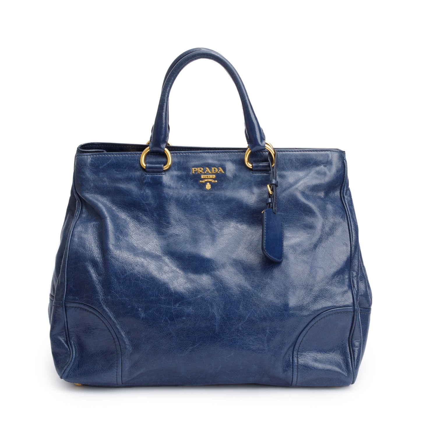 Prada Vitello Shine Shopping Tote Handbag Leather Blue Tote Bag