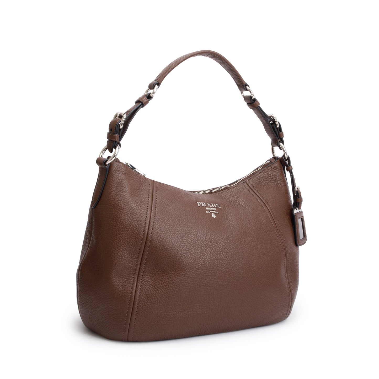 Prada Vitello Phenix Zip Top Hobo Bag Leather Brown Travel Bag