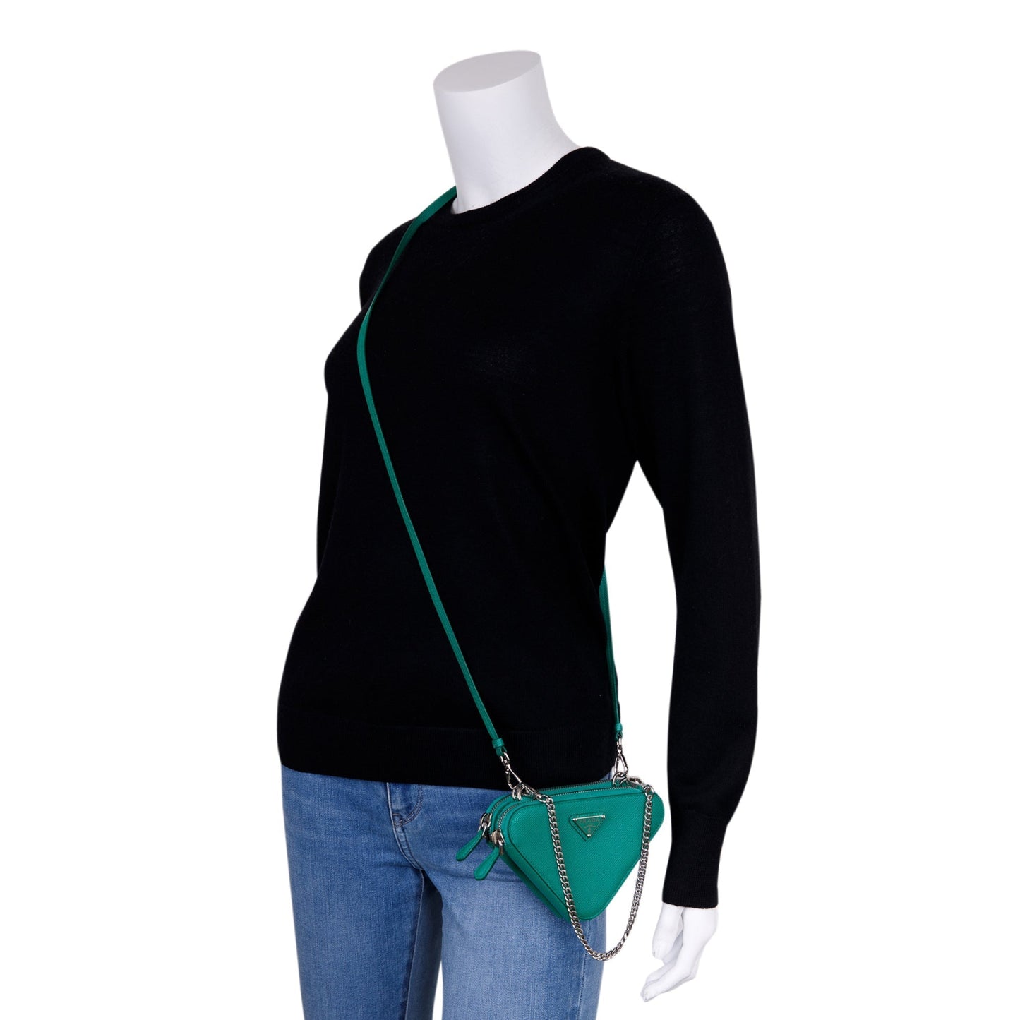 Prada Saffiano Triangle Pouch Handbag Leather Green Travel Bag