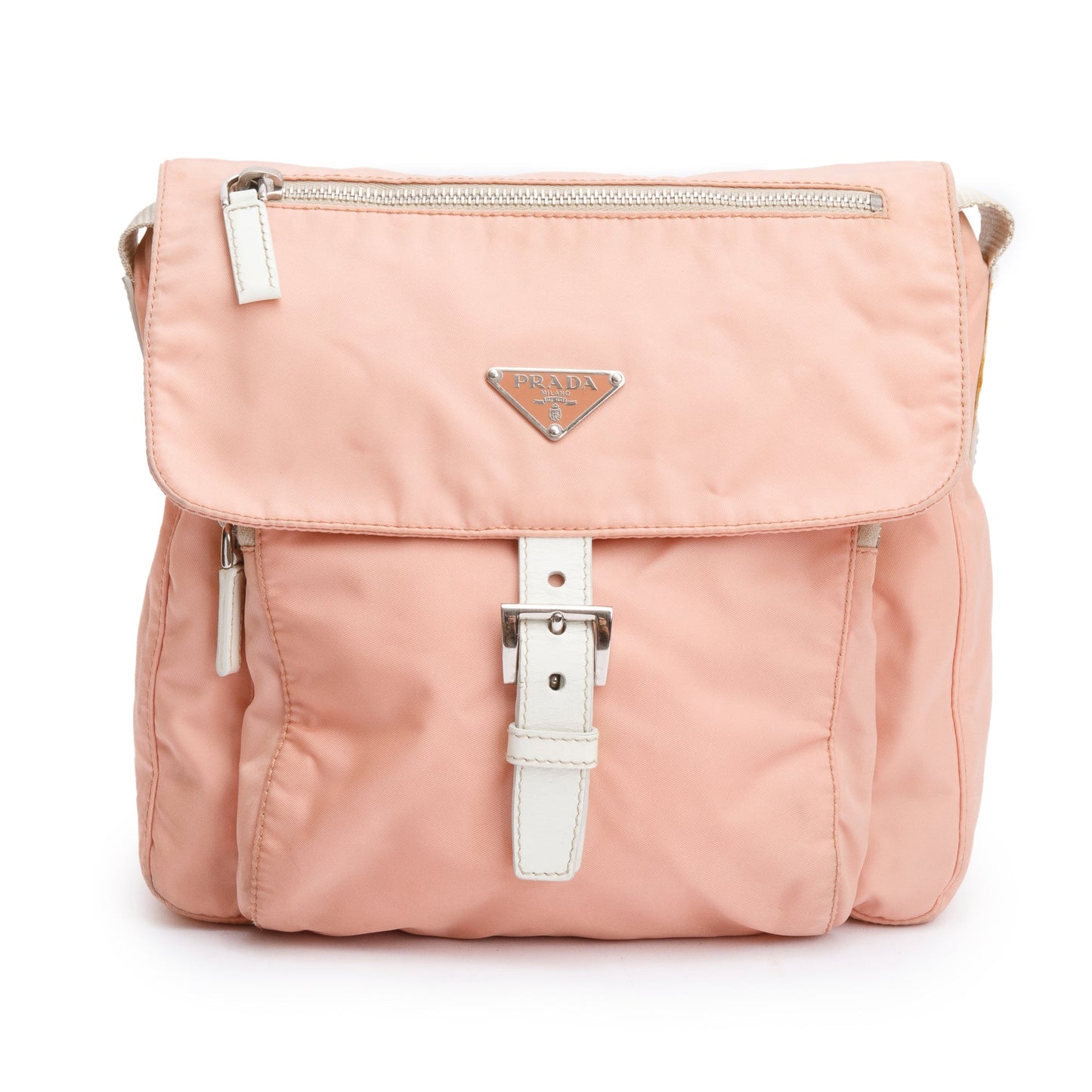 Prada Peach Tessuto Trimmed Vela Messenger Bag Leather Nylon Travel Bag