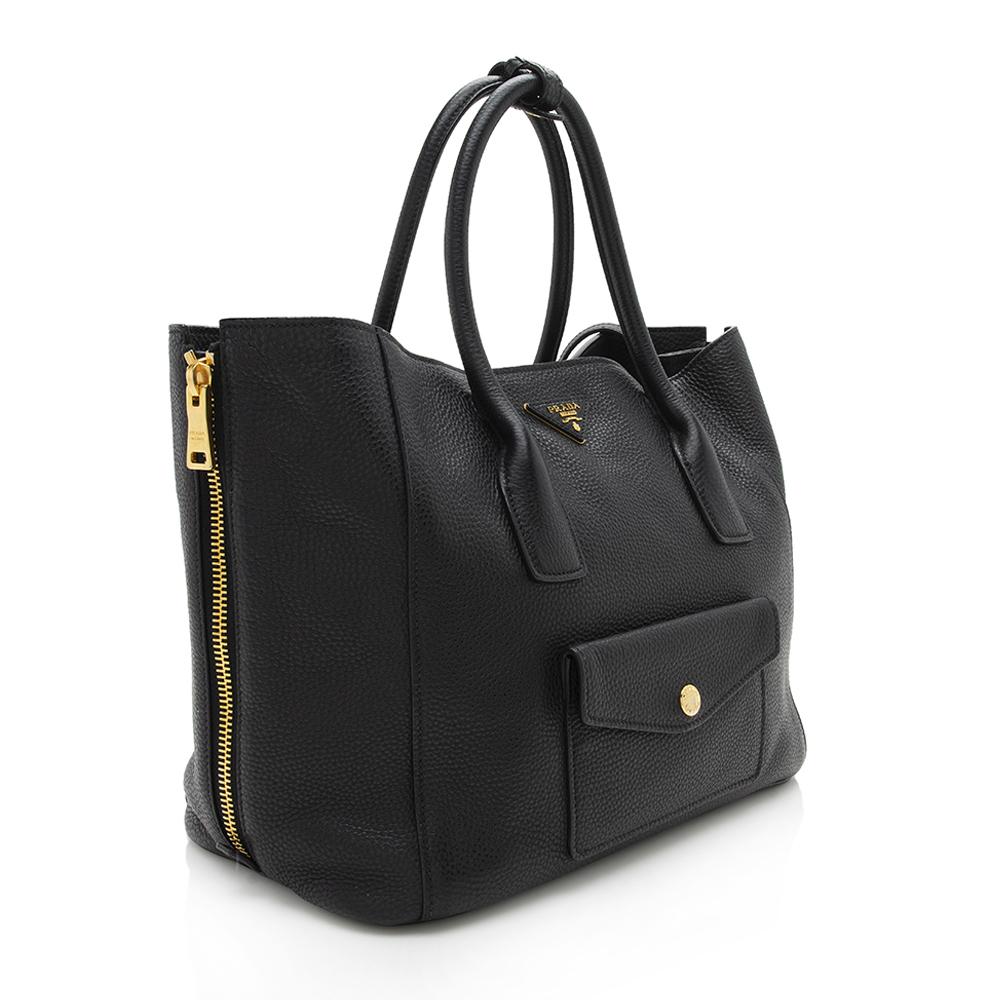 Prada Daino Side Twin Pocket Tote Leather Vitello Zip Tote Bag