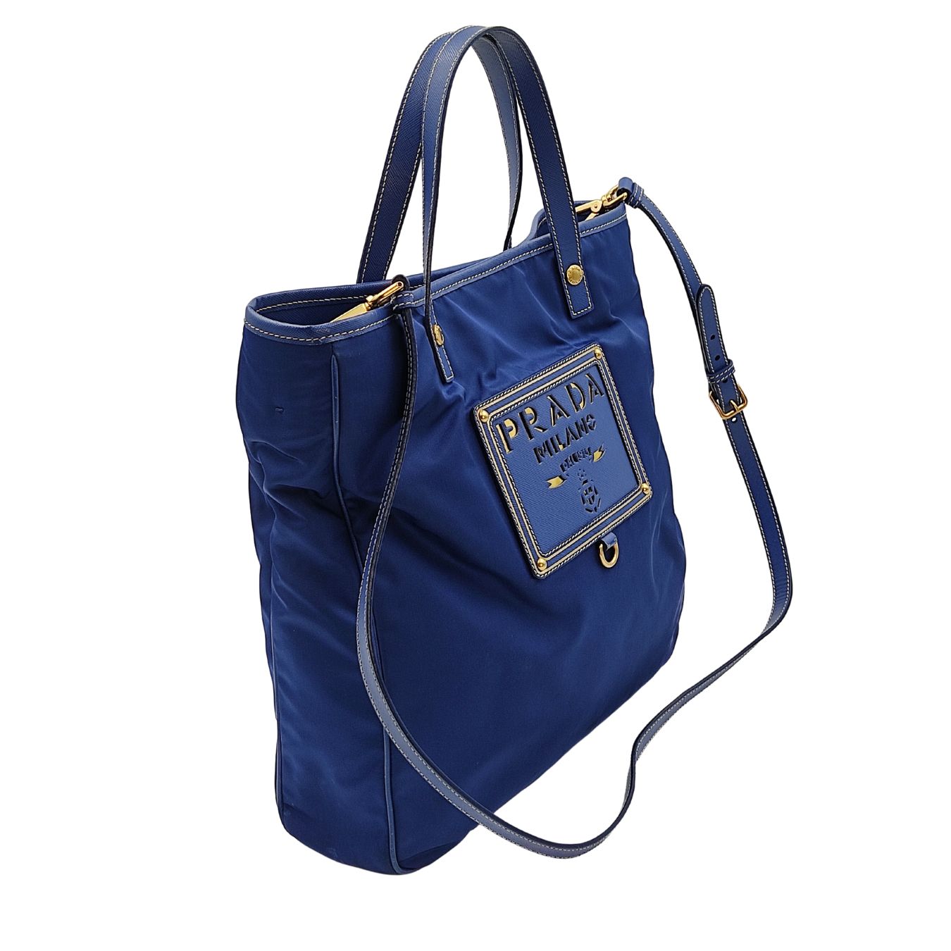 Prada Tote Shoulder Bag In Light With Nylon Blue Gold