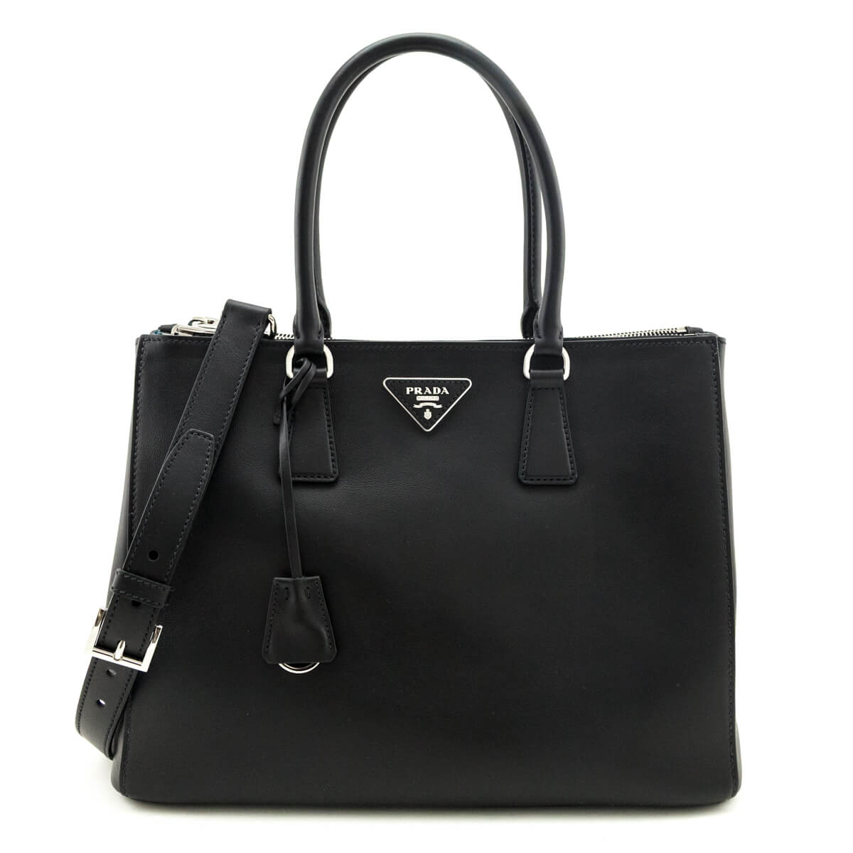Prada Handbag City Calf Galleria Double Tote Black Medium Zip Tote Bag