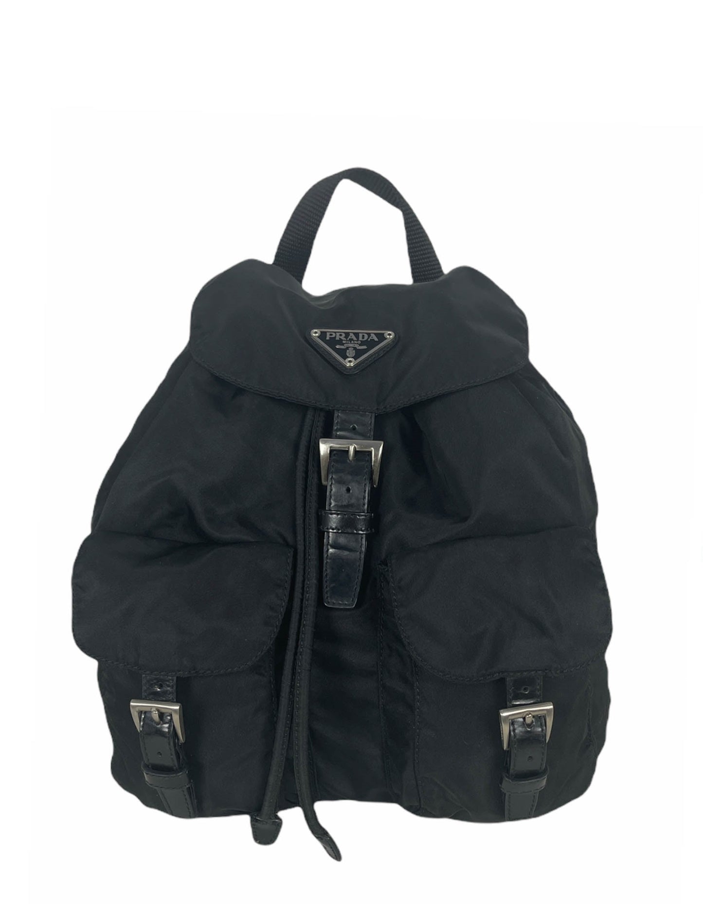 Prada Handbag Backpack Bag w Front Buckle Pockets 2 Nylon Black Small