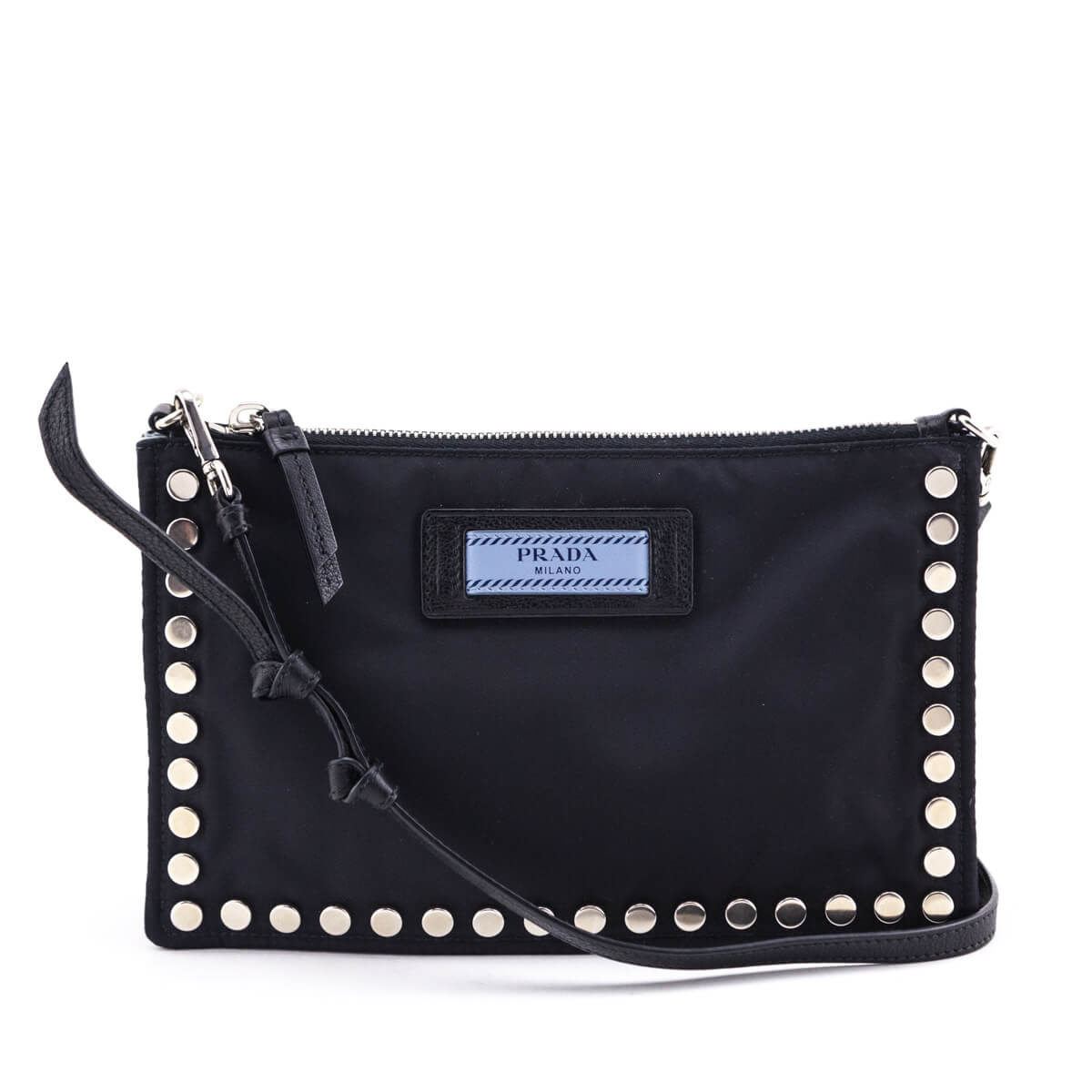 Prada Handbag Studded Etiquette Shoulder Bag Nylon Black Zip Clutch Bag