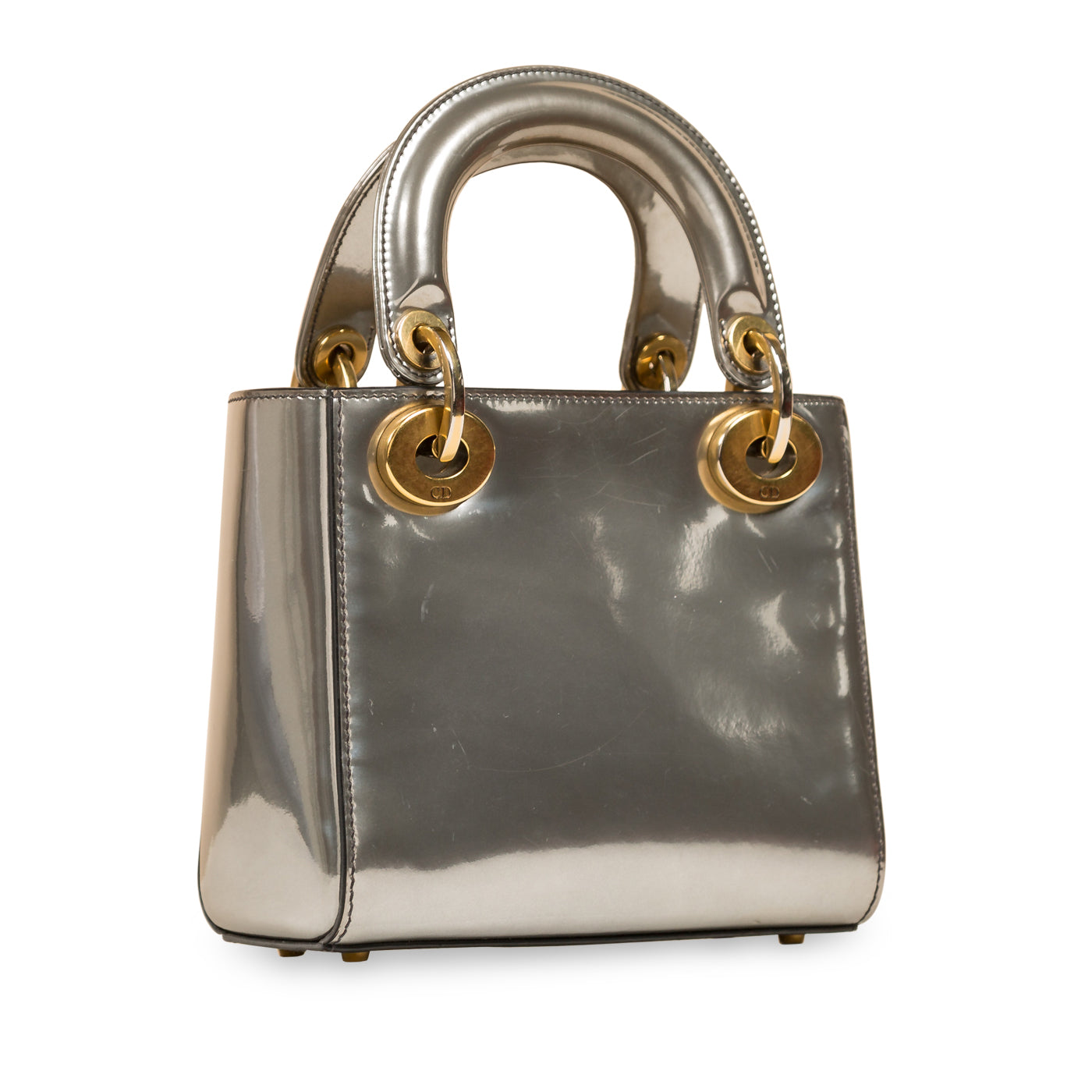 Dior Christian Lady Tote Bag Leather Patent Silver
