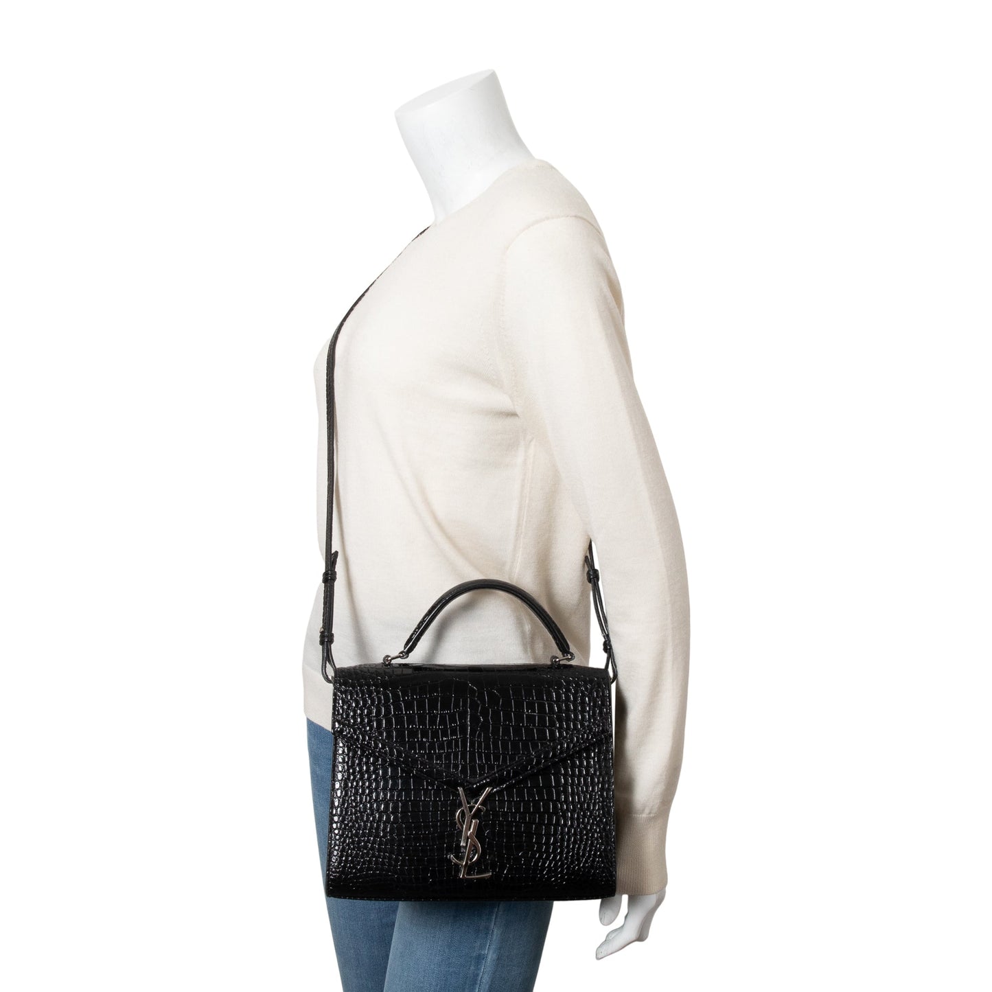YSL Saint Laurent Croc Embossed Cassandra Top Handle Bag Leather Black Travel Bag