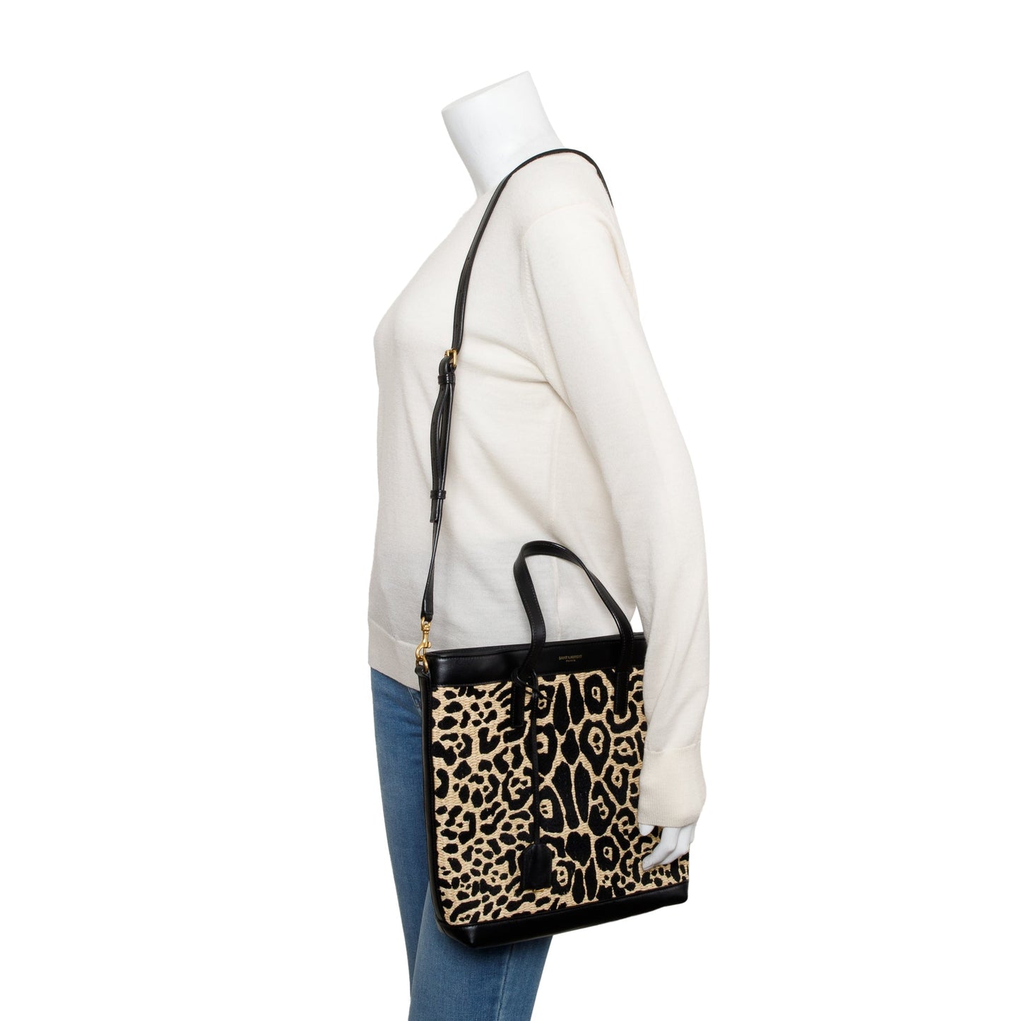 YSL Saint Laurent Calfskin Neutral Jaguar Toy Shopping Tote Leather Raffia Tote Bag