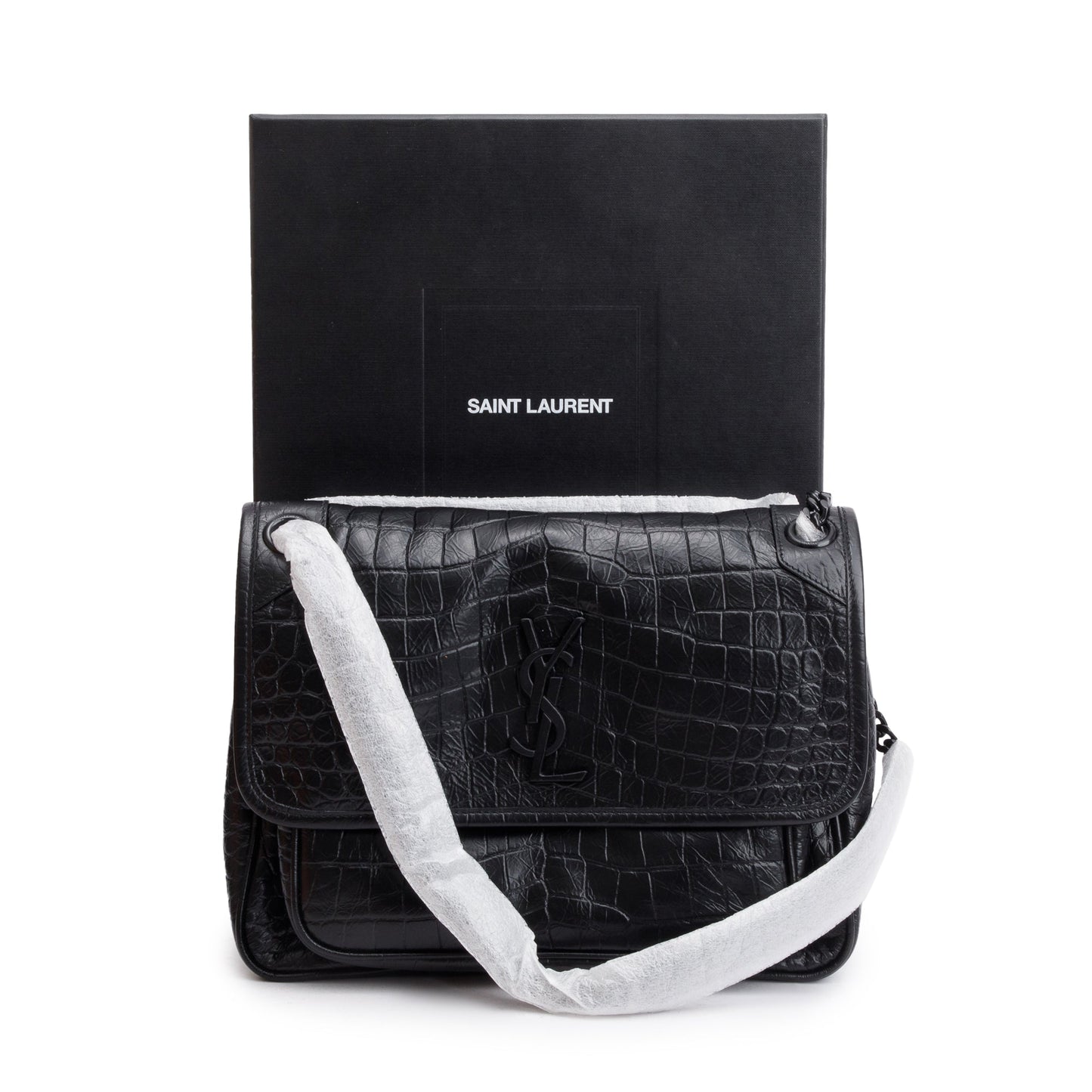YSL Saint Laurent Crocodile Embossed Calfskin Niki Shoulder Bag Leather Black