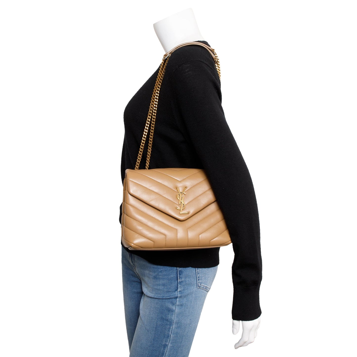 YSL Saint Laurent Calfskin Loulou Chain Shoulder Bag Leather Beige