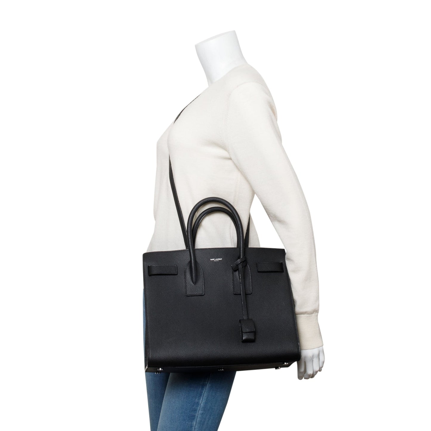 YSL Saint Laurent Grained Calfskin Sac De Jour Travel Bag Leather Black