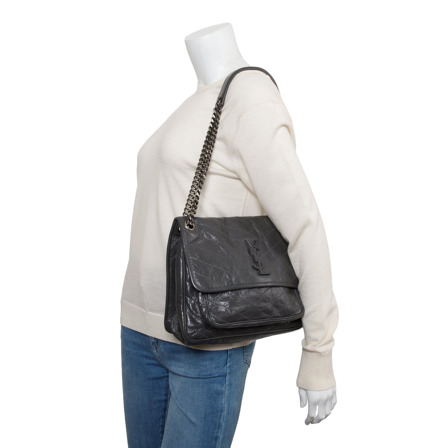 YSL Saint Laurent Grey Crinkled Calfskin Niki Shoulder Bag Leather Medium