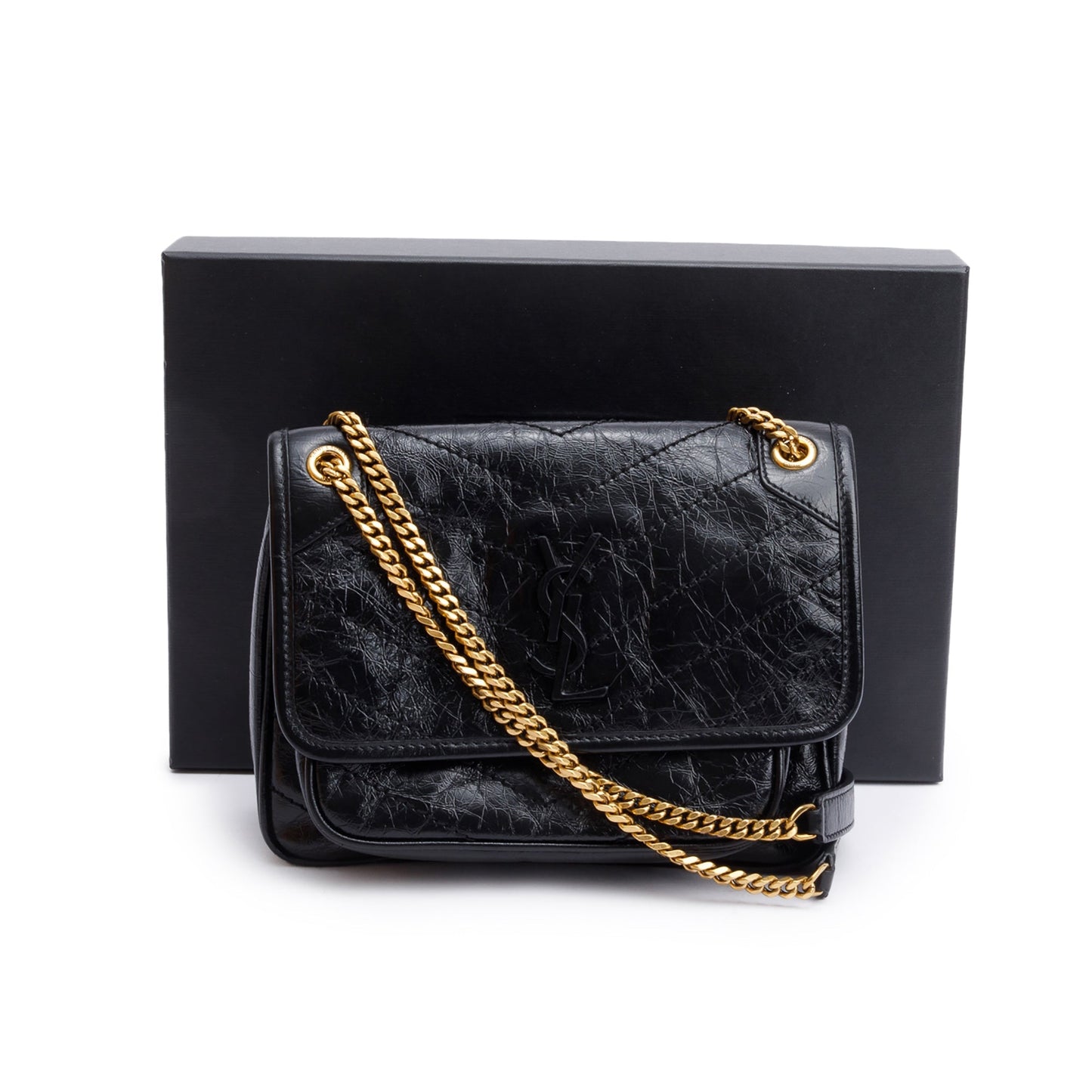 YSL Saint Laurent Crinkled Calfskin Baby Niki Shoulder Bag Leather Black