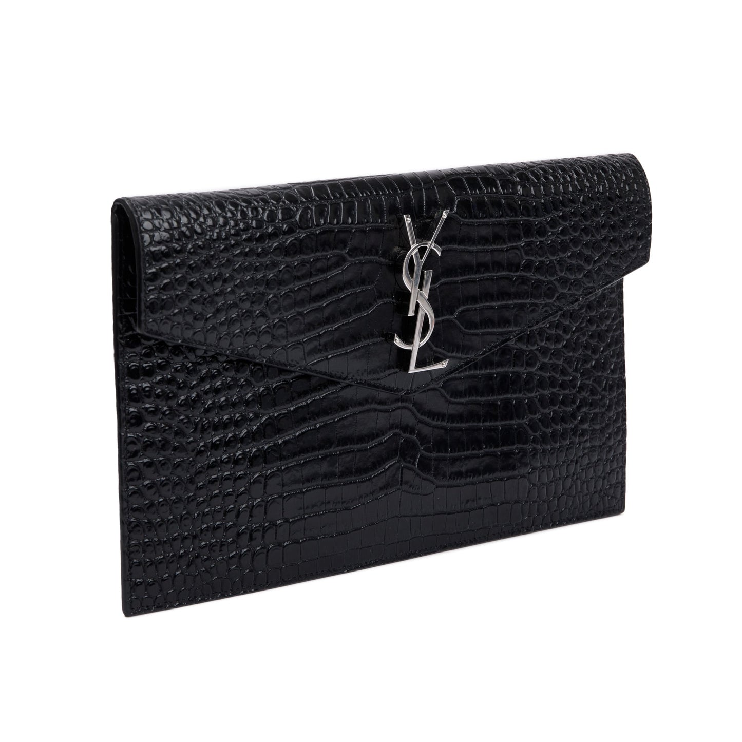 YSL Saint Laurent Crocodile Embossed Uptown Pouch Travel Bag Leather Black