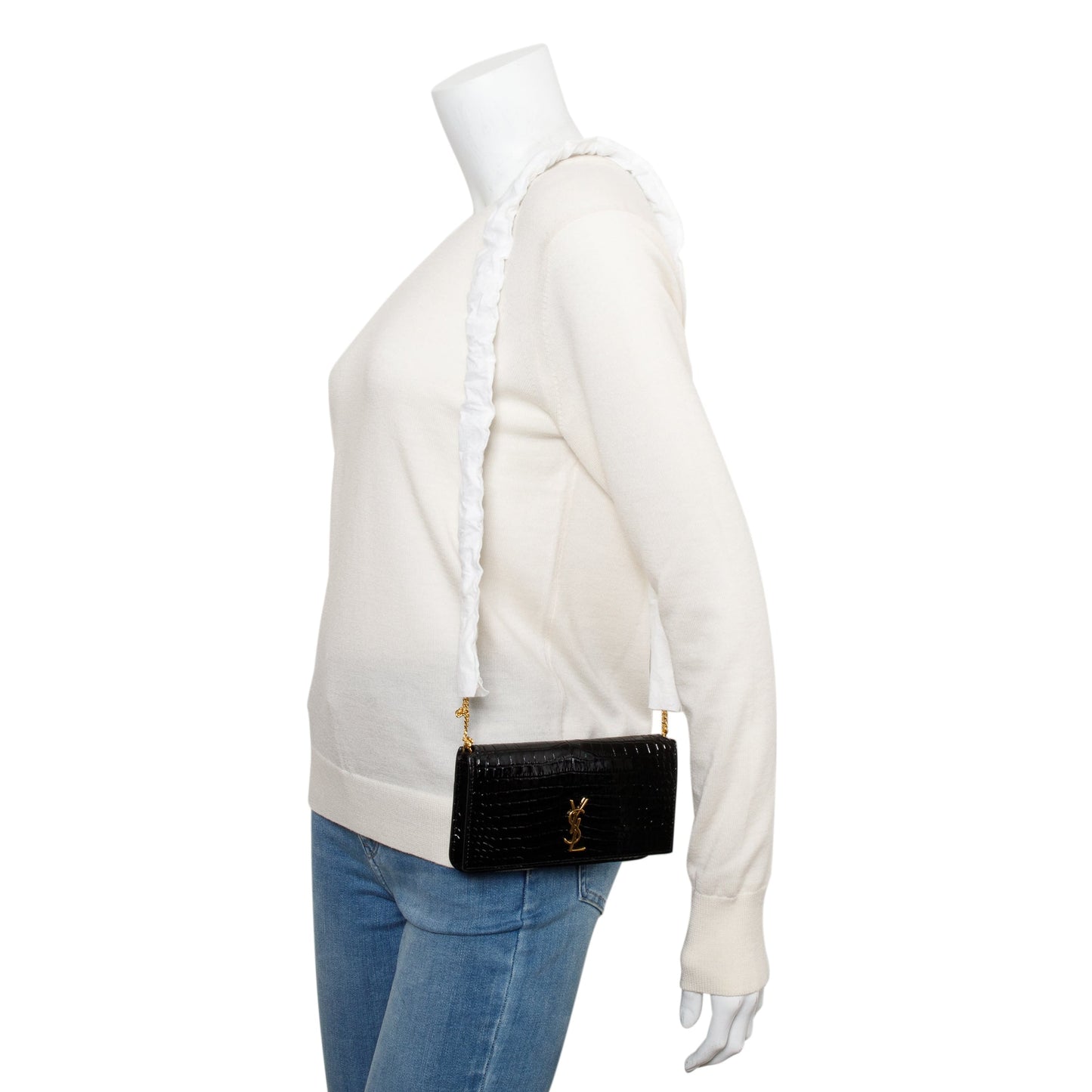 YSL Saint Laurent Shiny Crocodile Embossed Cassandre Phone Holder Bag Leather Black Travel Bag