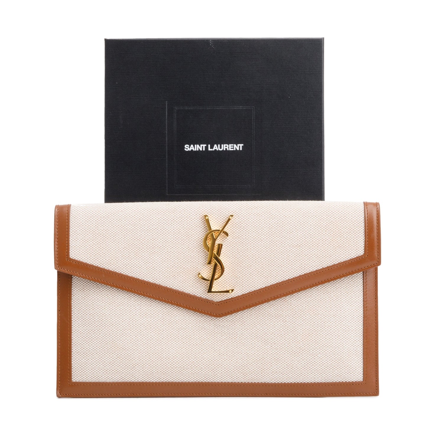 YSL Saint Laurent Neutral Smooth Uptown Pouch Travel Bag Leather Canvas
