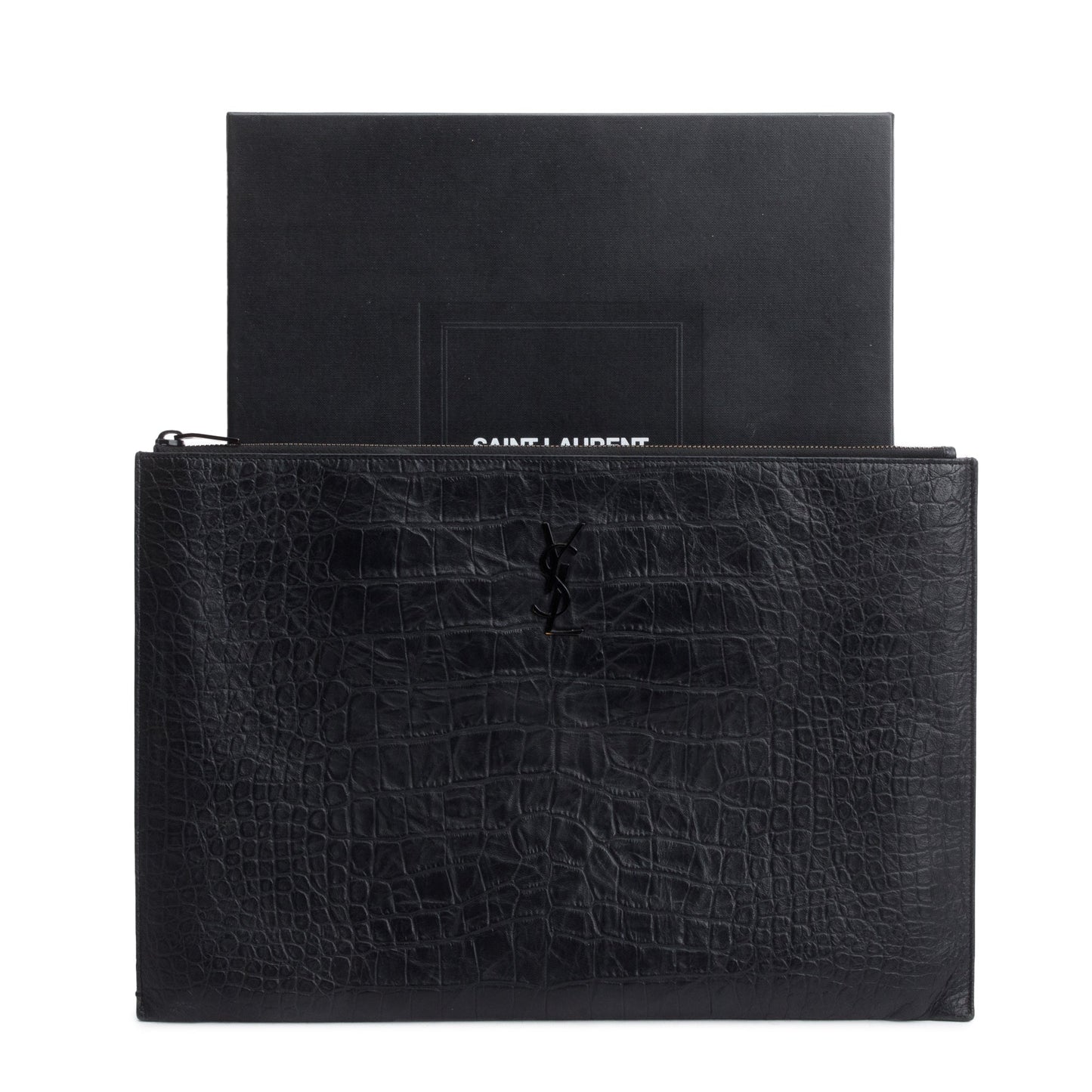 YSL Saint Laurent Crocodile Embossed Document Holder Travel Bag Monogram Black