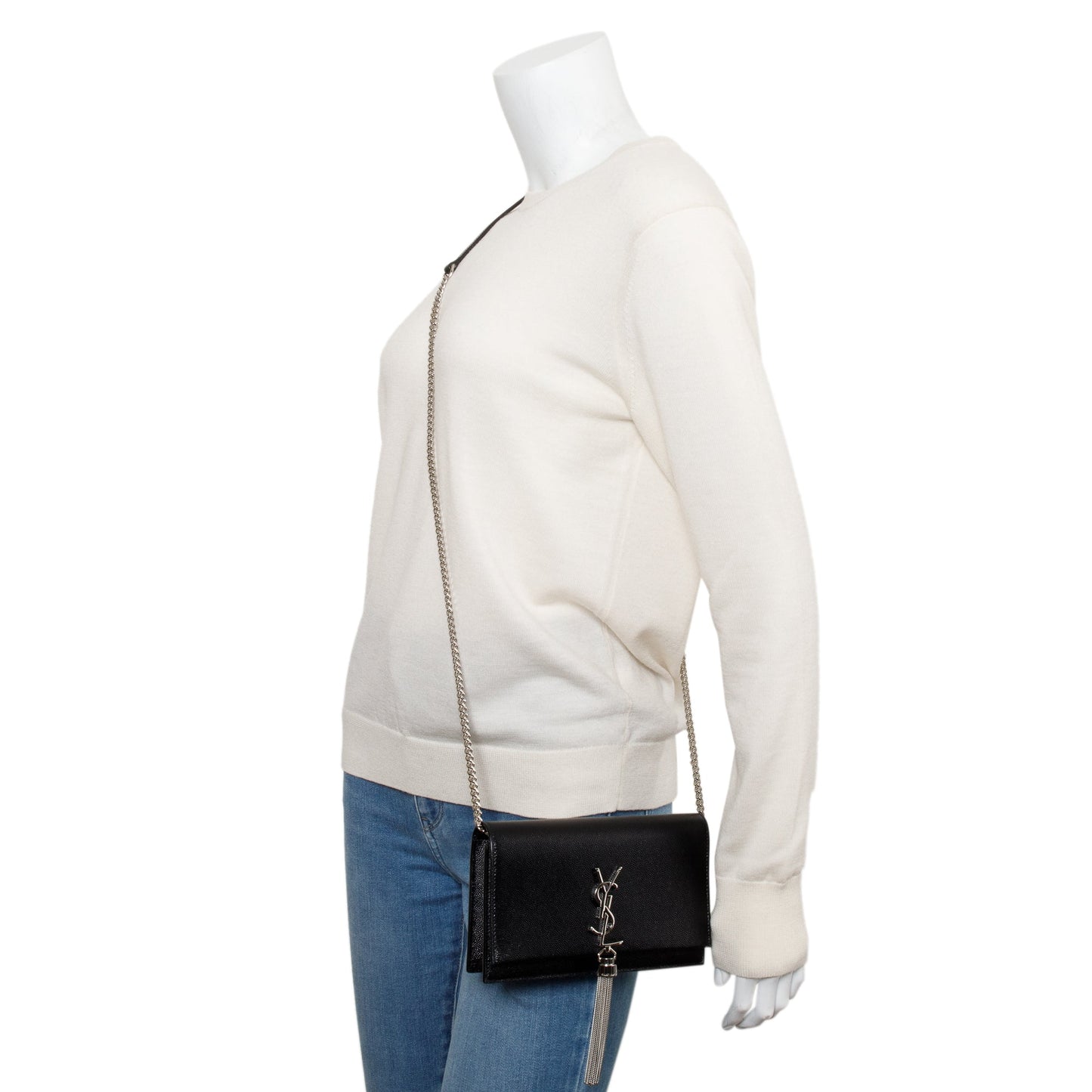 YSL Saint Laurent Grain De Poudre Kate Tassel Wallet On Leather Black Crossbody Bag