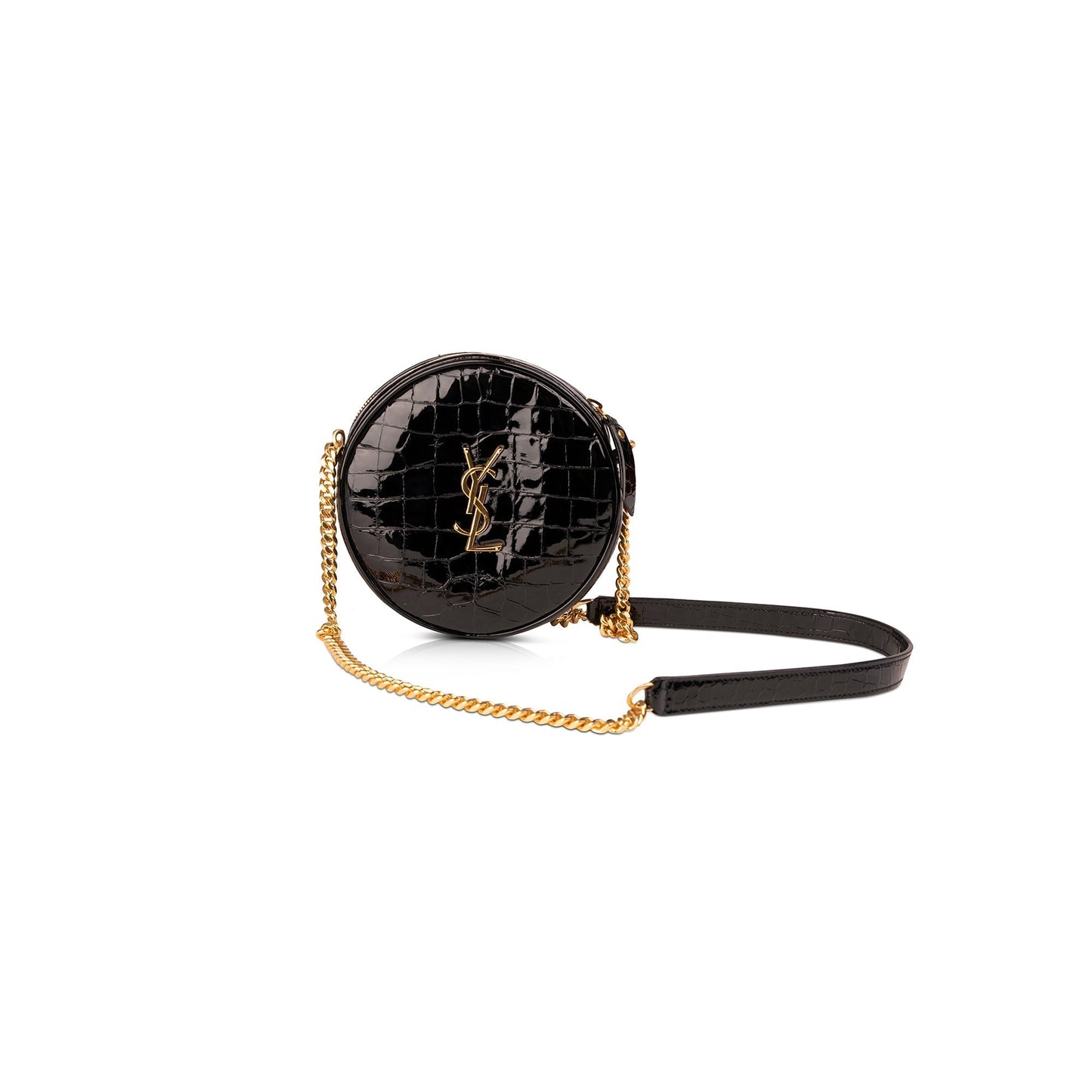 YSL Saint Laurent Croc Embossed Patent Round Camera Bag Leather Monogram Crossbody Bag