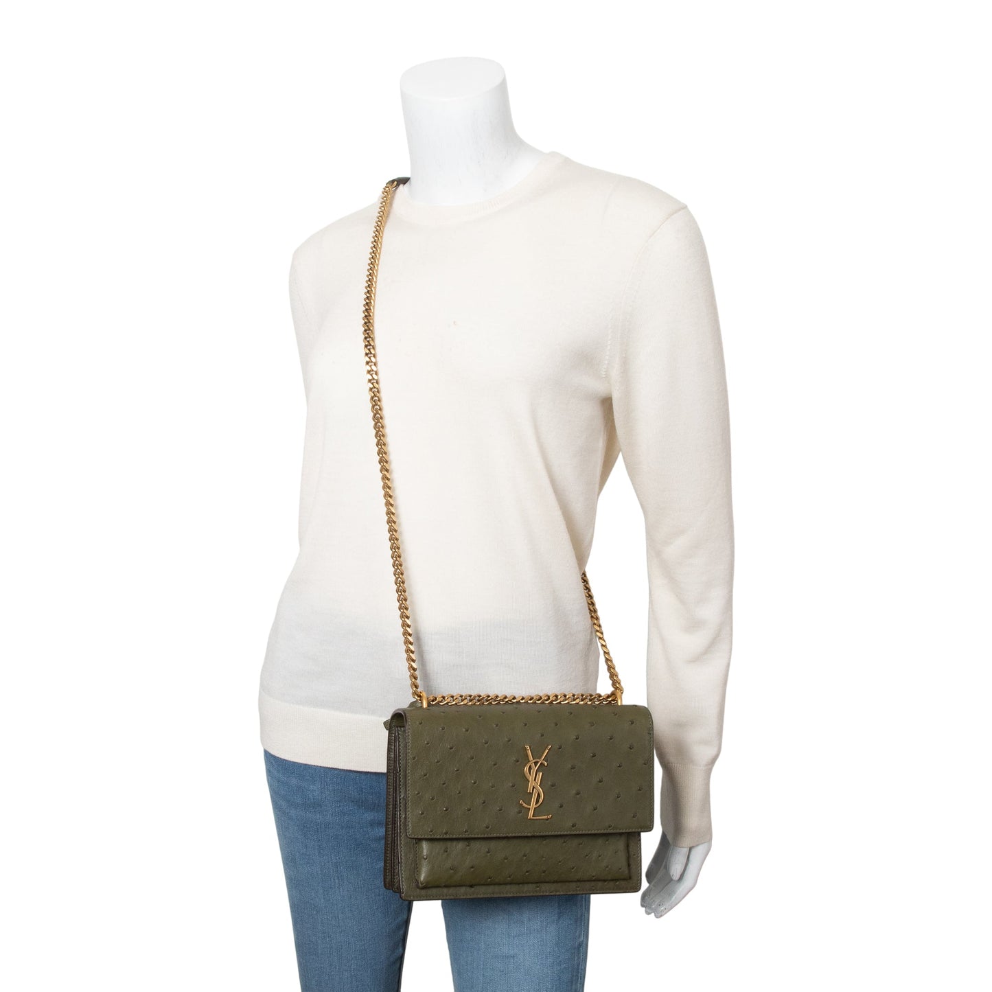 YSL Saint Laurent Ostrich Sunset Shoulder Bag Green Medium