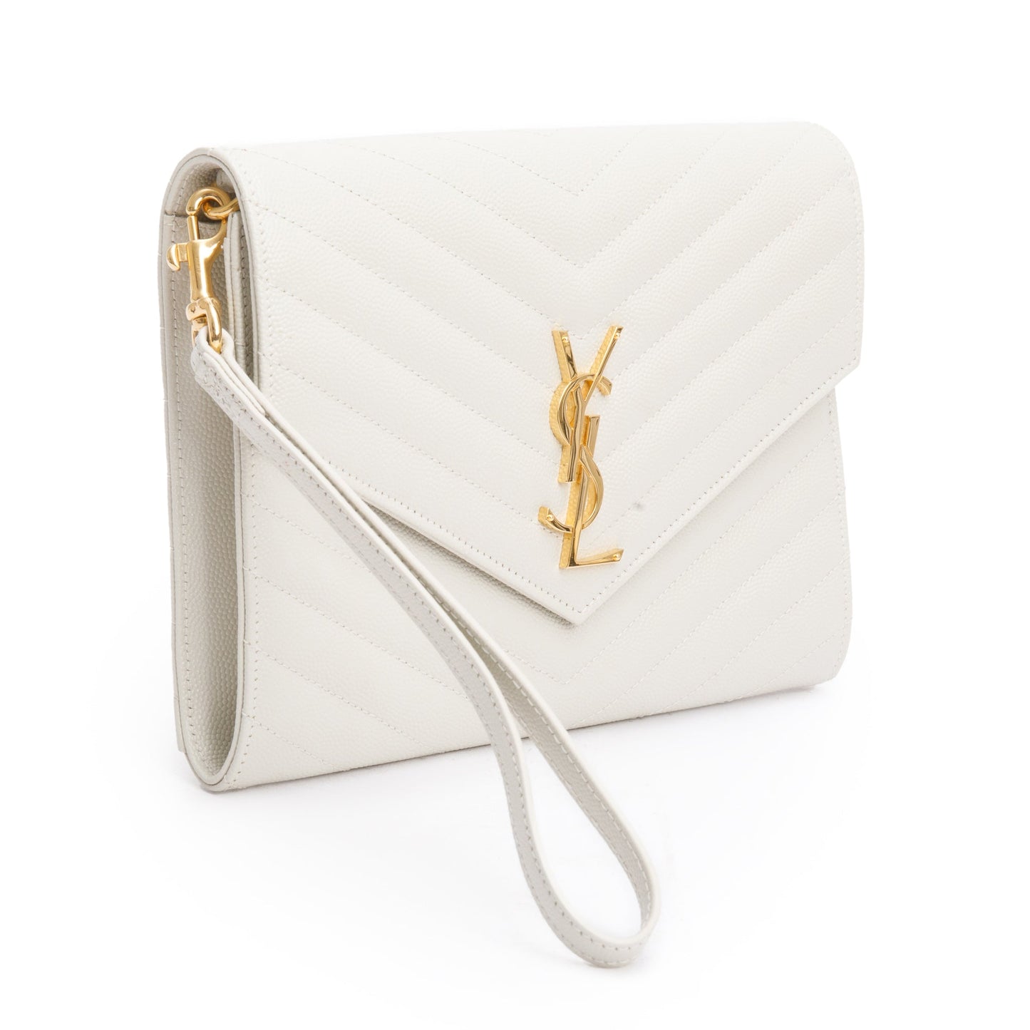 YSL Saint Laurent Grain De Poudre Cassandre Flap Wristlet Pouch Leather Matelasse Travel Bag