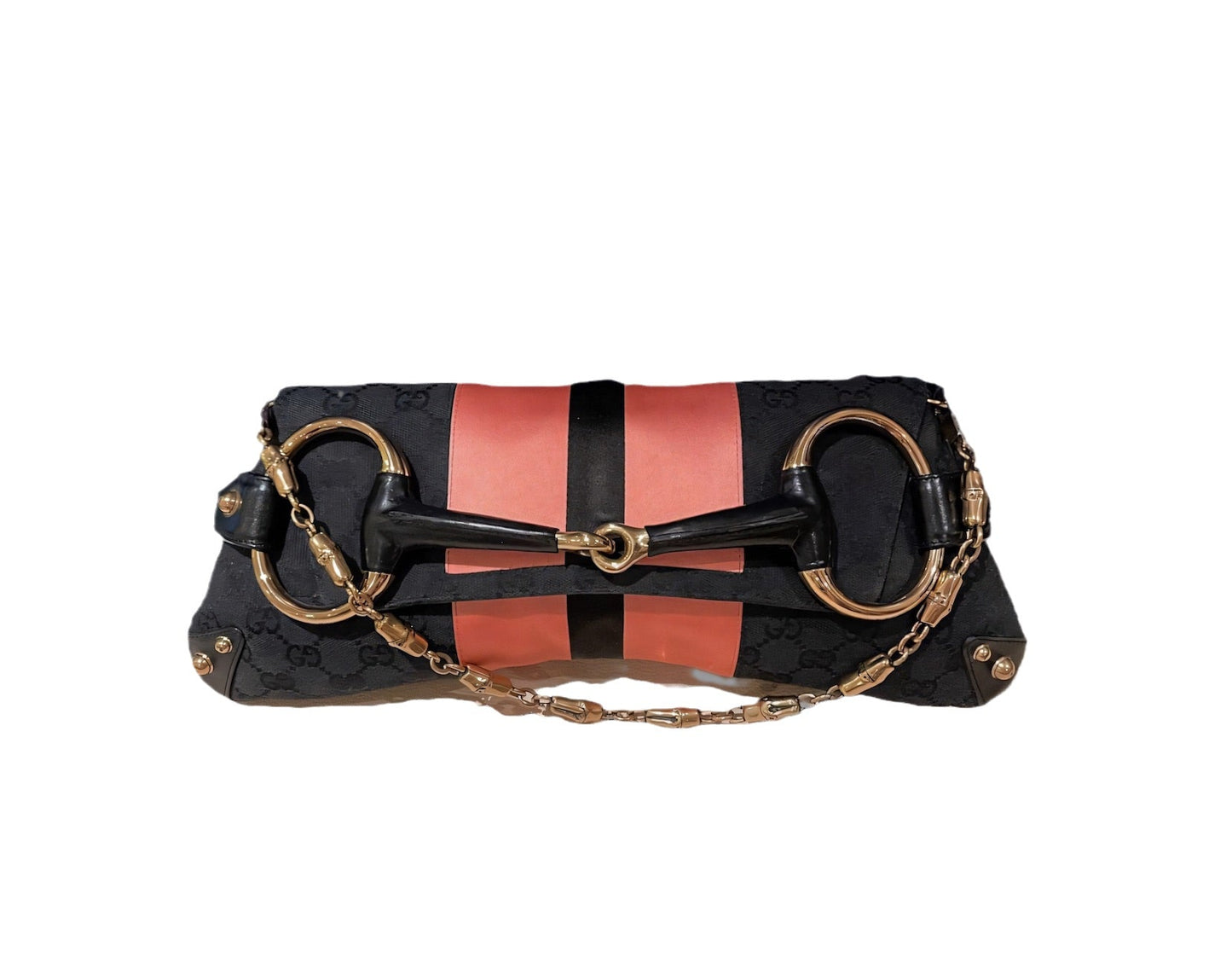 Gucci Horsebit Chain Silk Monogram Black Pink Large Shoulder Bag