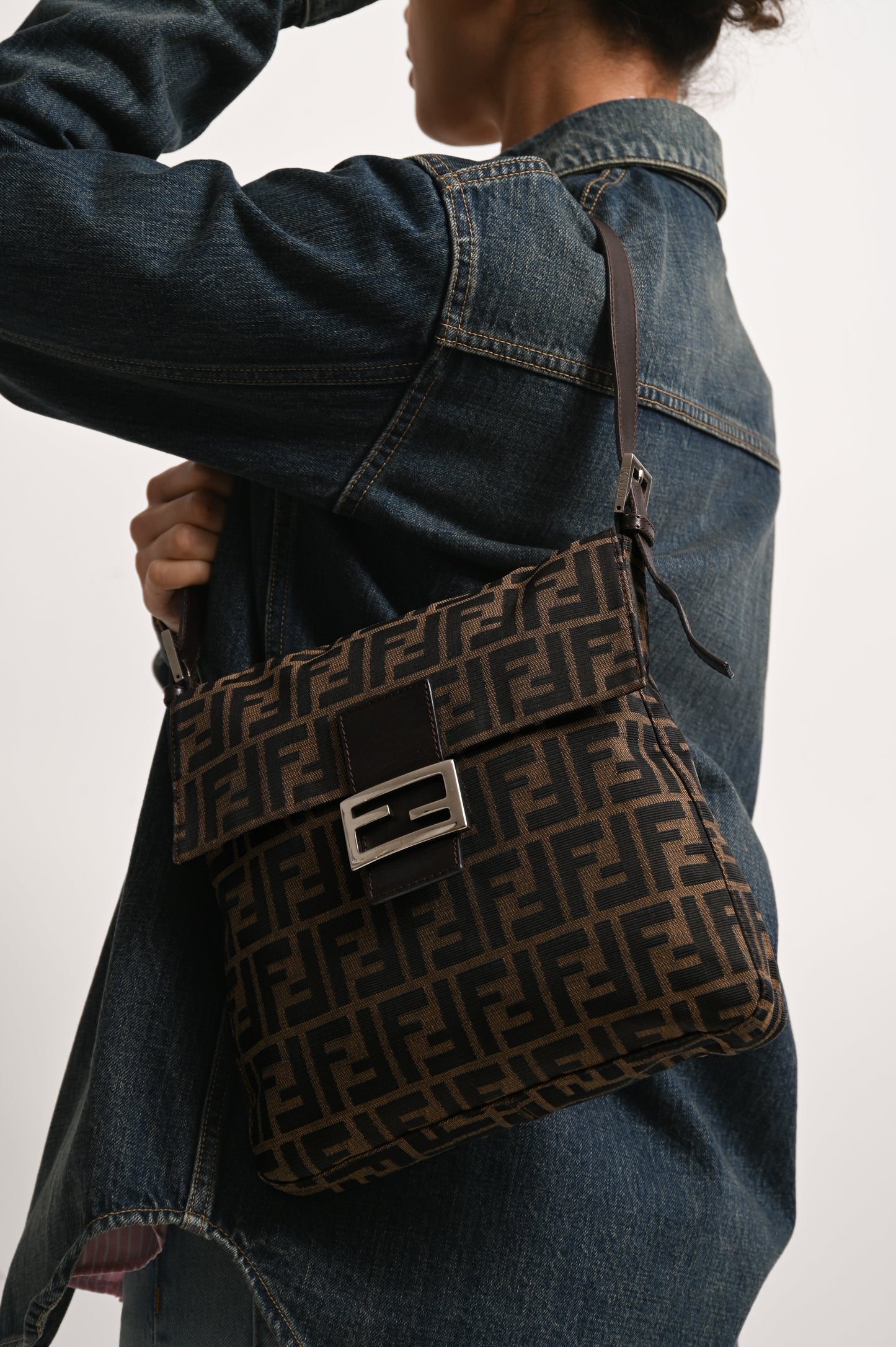 Fendi Shoulder Bag FF Zucca Square Baguette Canvas Brown