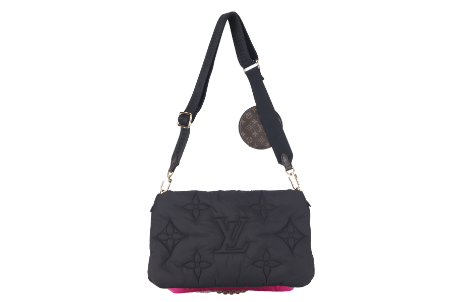 LOUIS VUITTON MAXI MULTI POCHETTE (M58980) BLACK AND FUCHSIA NYLON PILLOW MONOGRAM WITH GOLD CHAIN , STRAP WITH DUST COVER