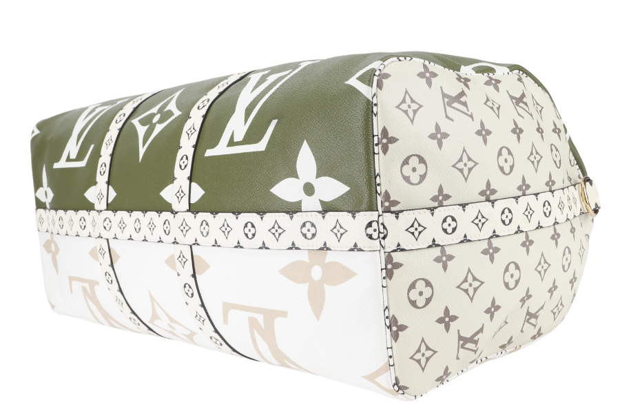 LOUIS VUITTON KEEPALL BANDOULIERE 50 (M44590) KHAKI BEIGE GIANT MONOGRAM GOLD HARDWARE WITH STRAPS, PADLOCK, KEYS, DUST COVER AND BOX