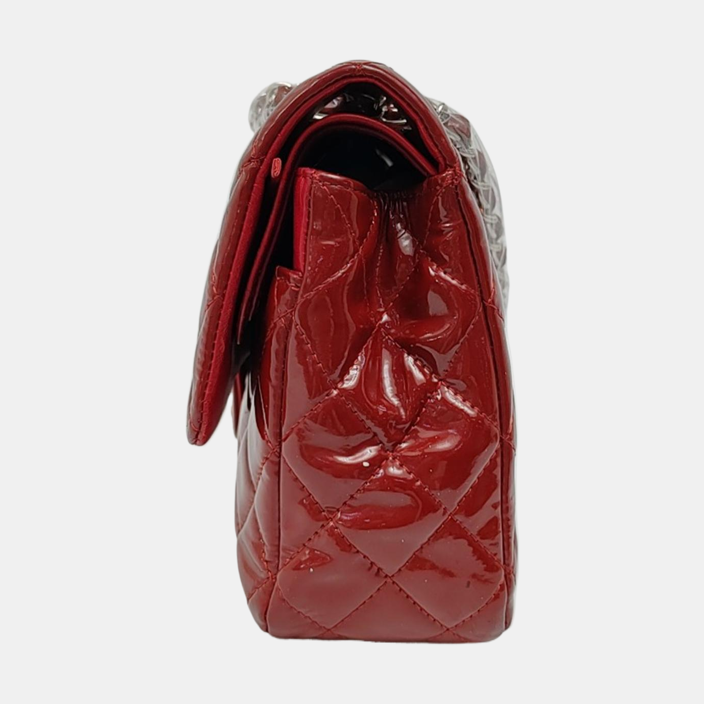 Chanel Classic Flap Patent Hardware Red Silver Leather Handbag