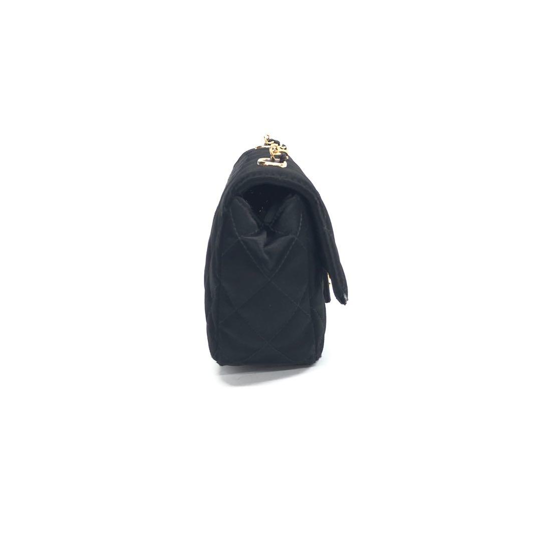 Chanel Classic Flap Silk Satin Hardware Black Gold Mini Bag