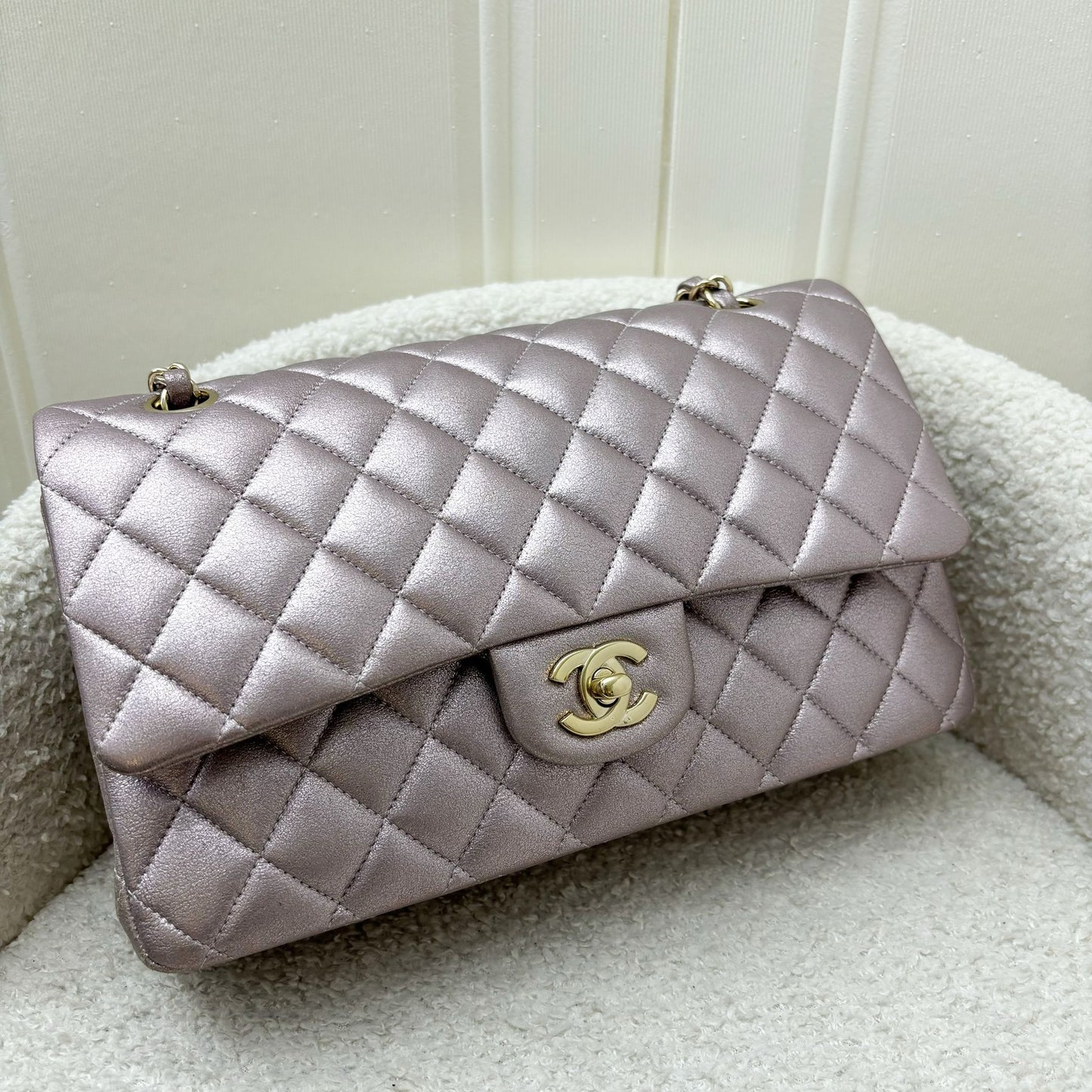 Chanel Medium Classic Flap Cf In Metallic Pink Leather And Lghw Bag
