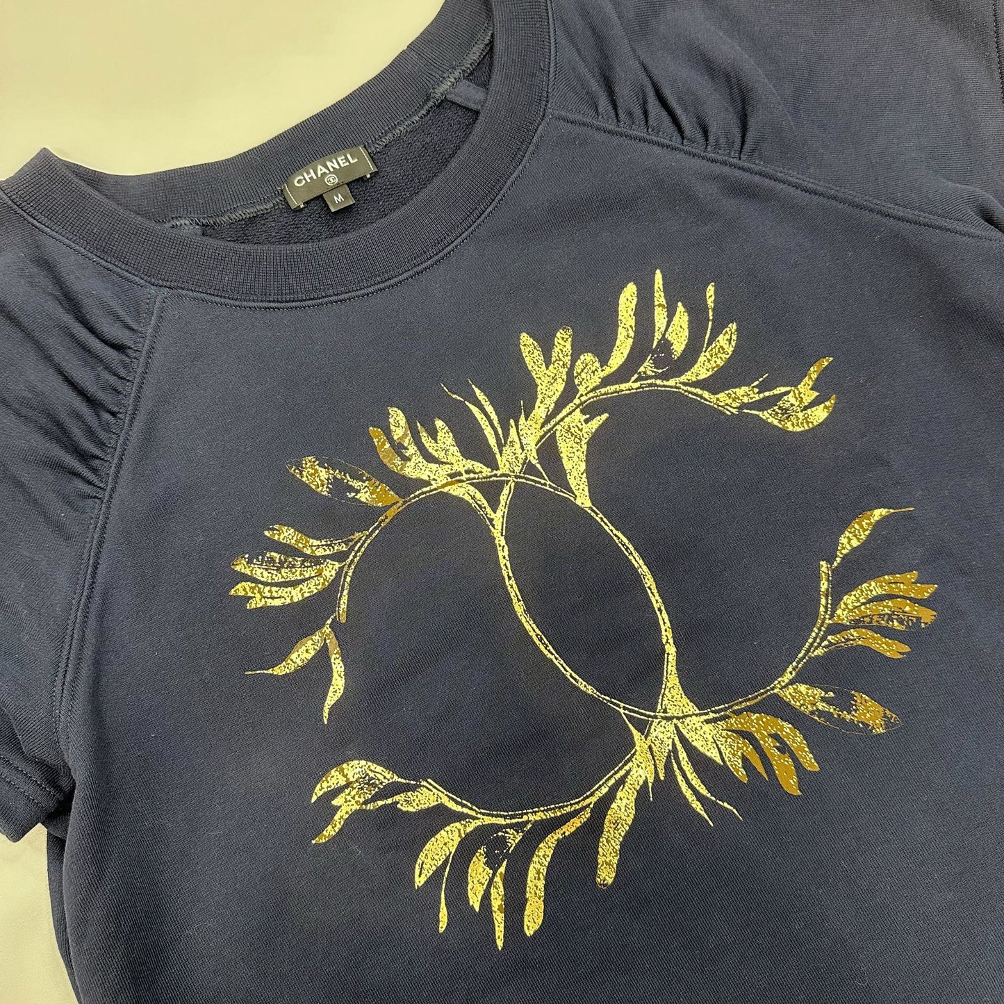 Chanel 18C Gold Logo Knit Top In Navy Cotton Sz M Bag