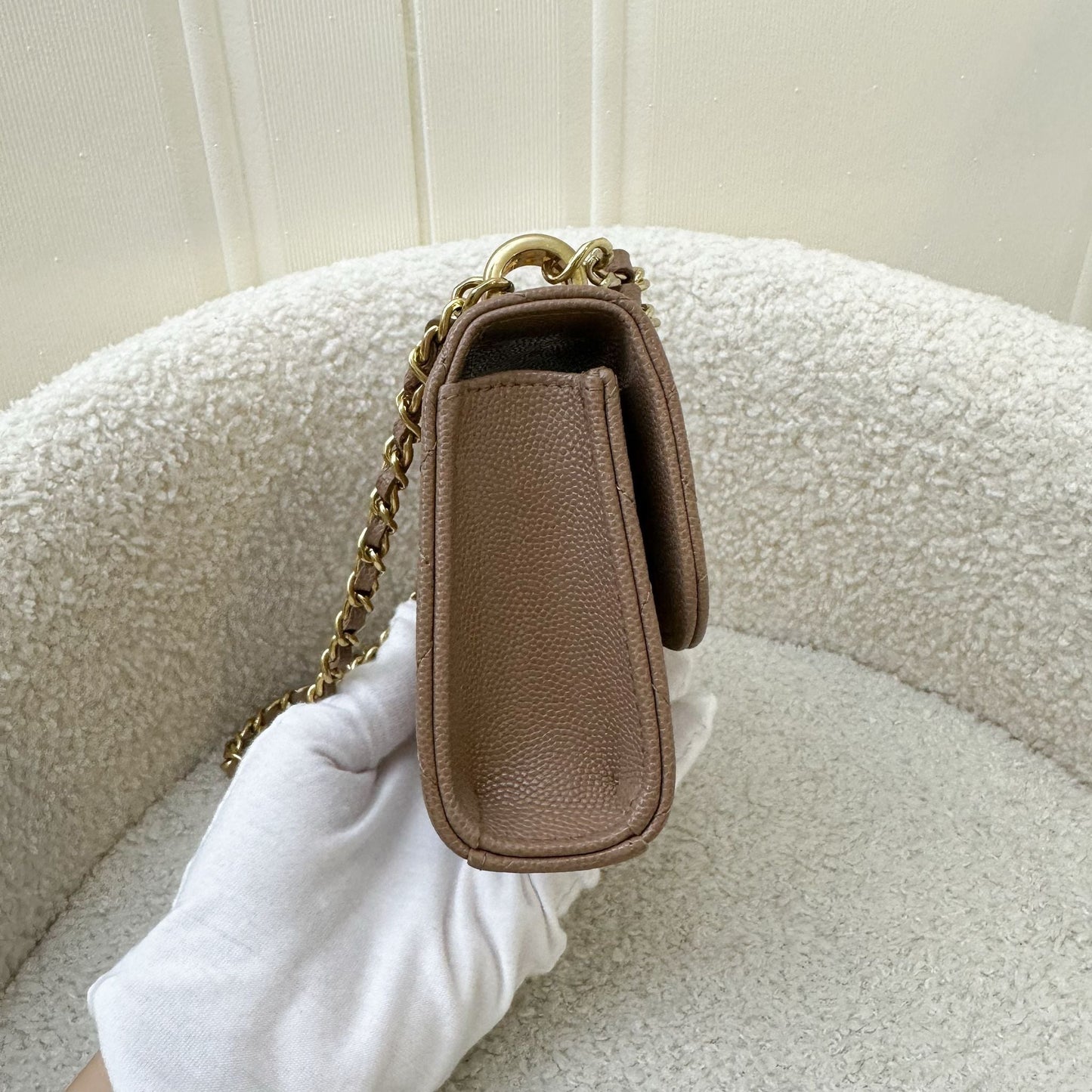 Chanel 22K Coco First Mini Clutch with Chain in Dark Milk Tea Beige Caviar Lghw