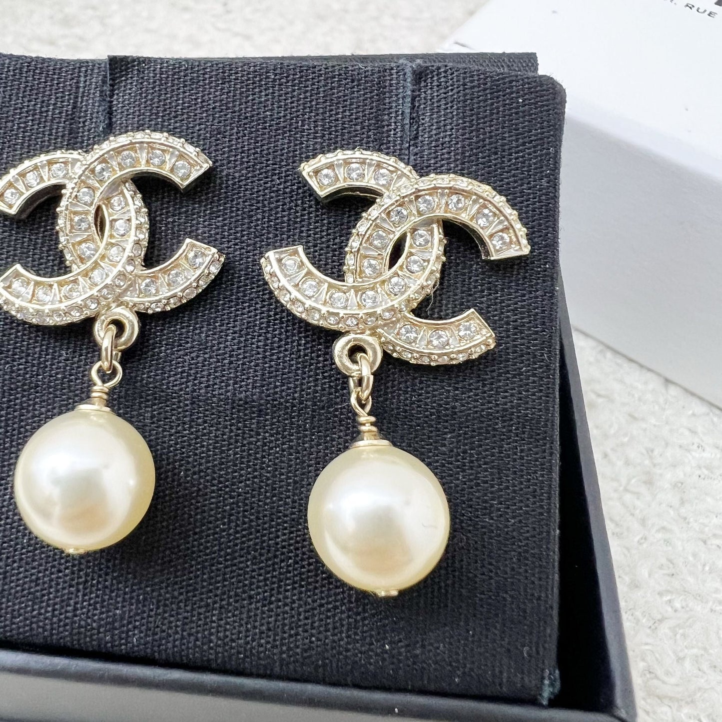 Chanel Classic CC Logo Dangling Earrings with Crystals and Pearls Lghw