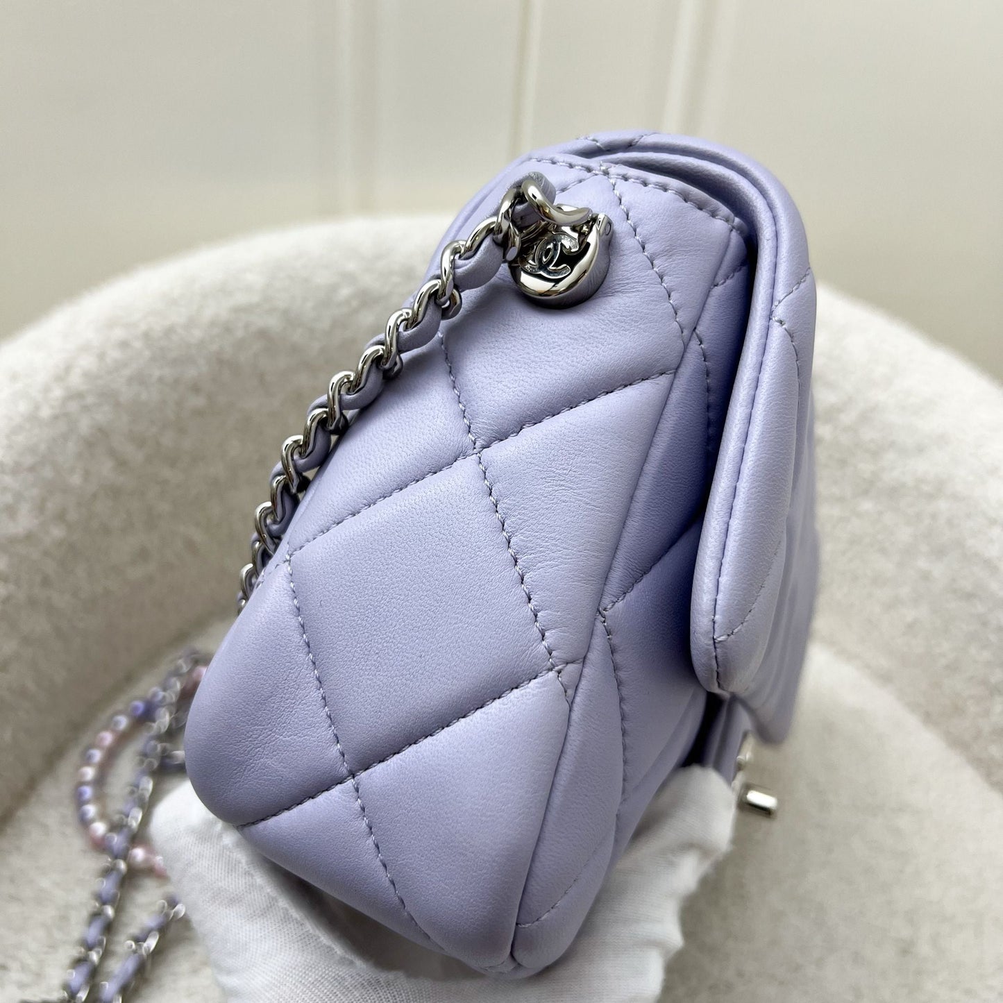 Chanel 21K Perfect Mini Flap Bag in Lilac Lambskin with Pearl and Leather Chain (Adjustable) SHW