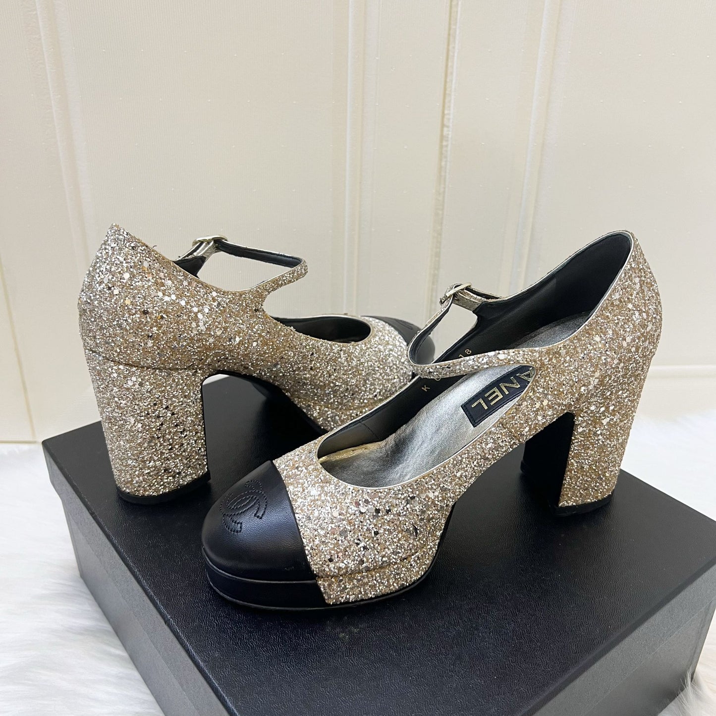 Chanel Platform Heels with Gold Glitter and Black Leather for Women