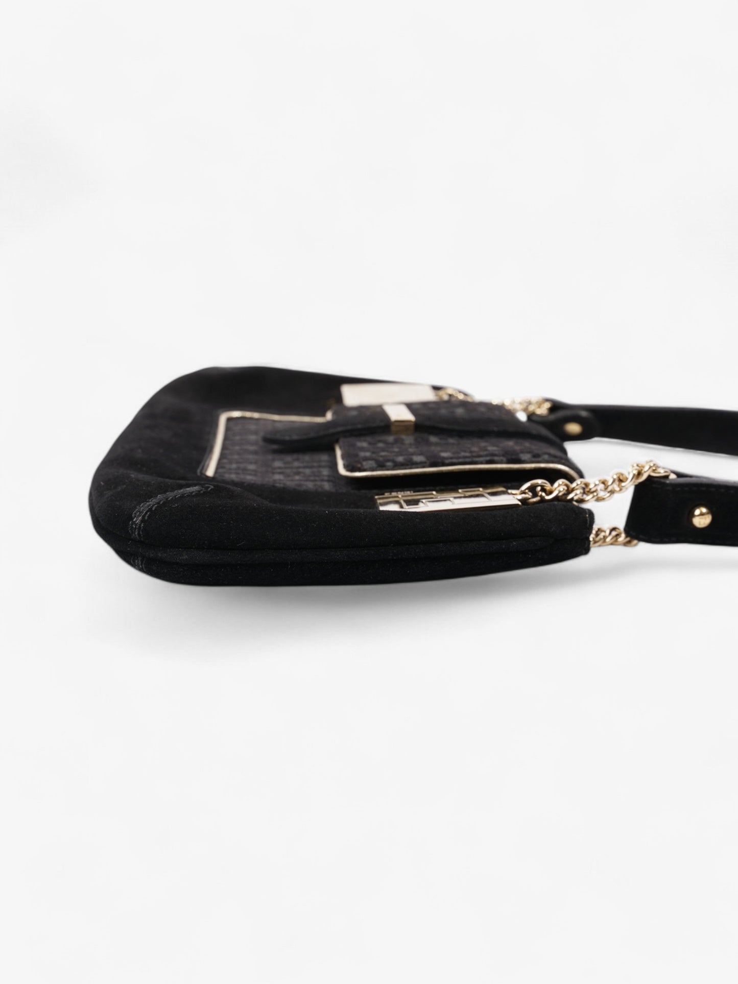 Fendi Zucchino Shoulder Bag Light Suede Black Gold