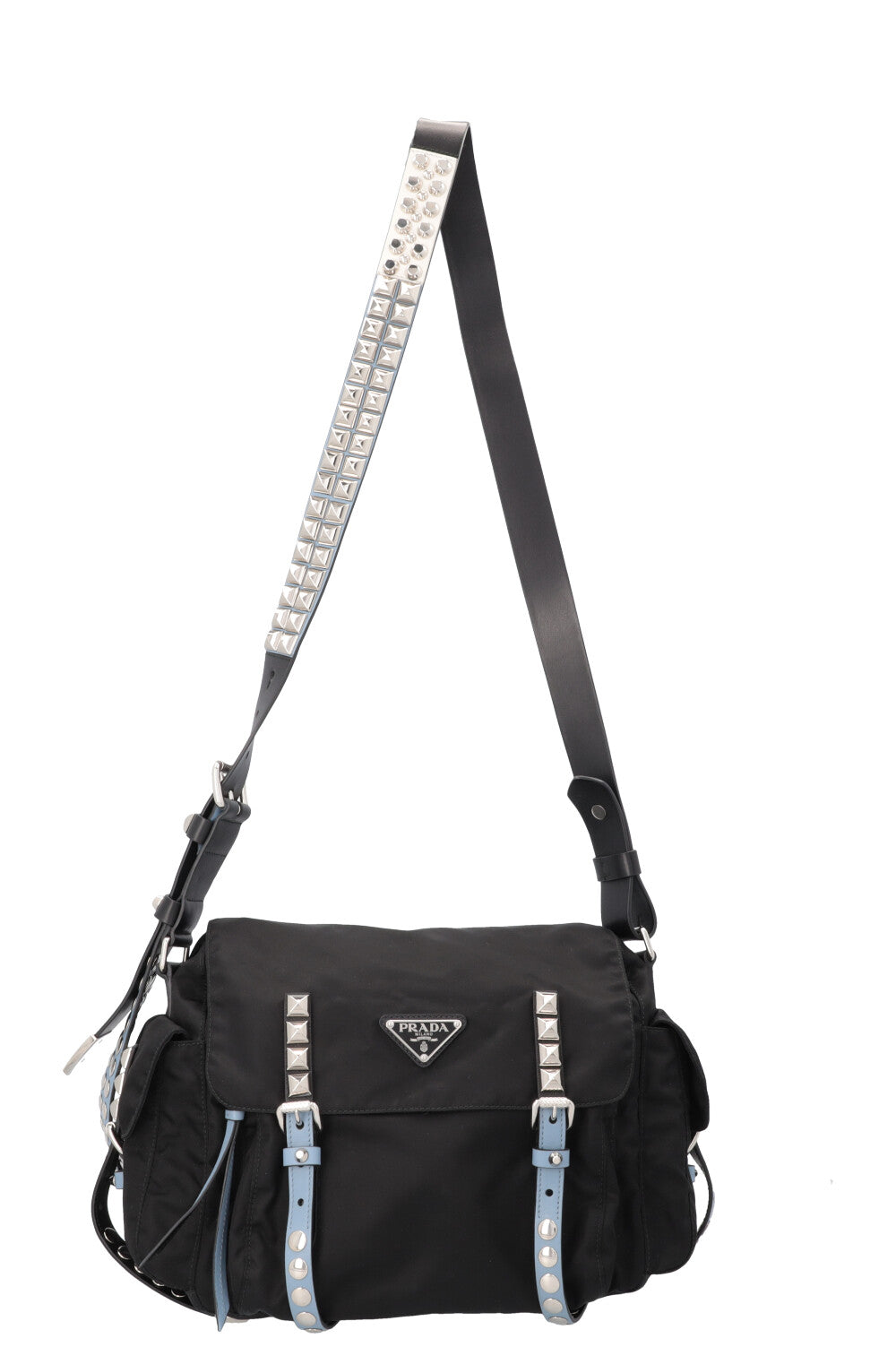 Prada Crossbody Bag New Vela Studded Nylon Black Blue