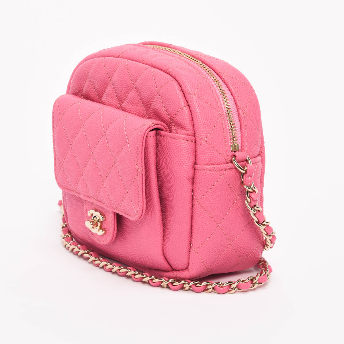 Chanel Pink Quilted Caviar CC Day Camera Case Handbag