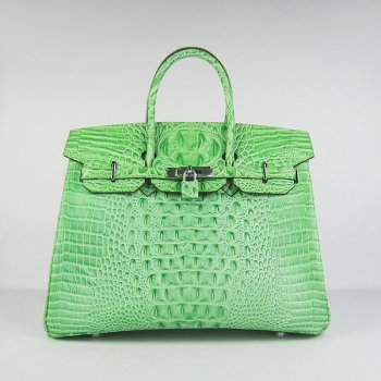 Hermes Luxury Birkin Cm Crocodile Head Veins Handbags Green Silver Travel Bag