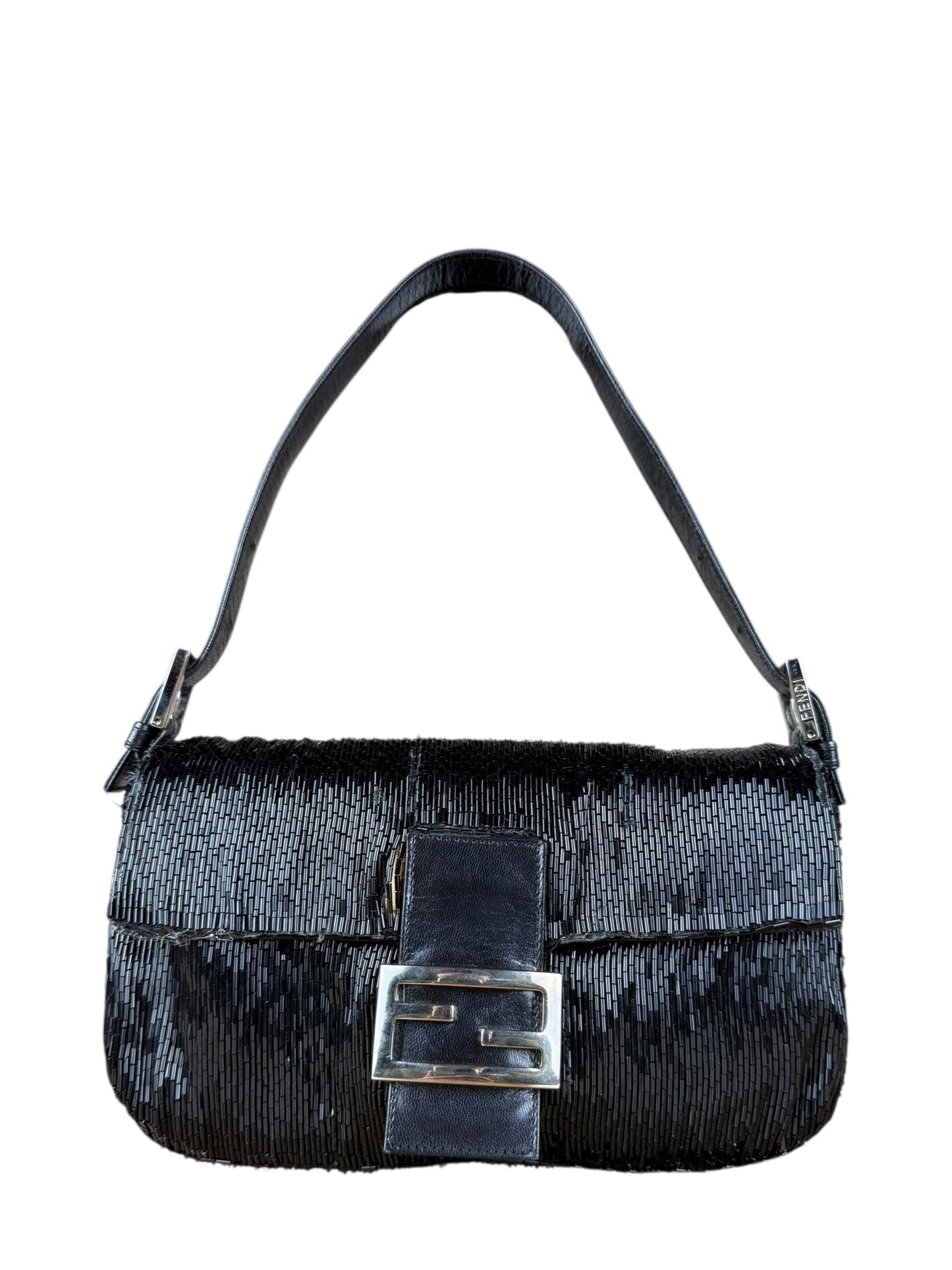 Fendi Handbag Beaded Baguette Black Shoulder Bag