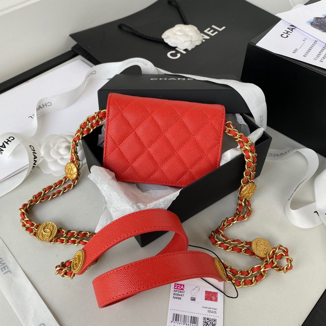 Chanel Clutch With Hardware Grained Shinny For Women Red Gold Shoulder Bag