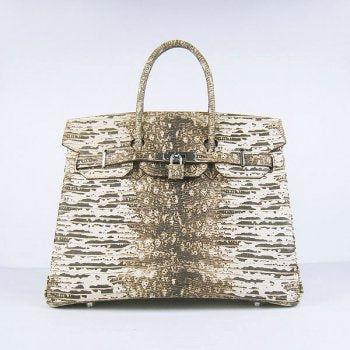 Hermes Luxury Birkin Cm Lizard Pattern Handbag Beige Silver Travel Bag