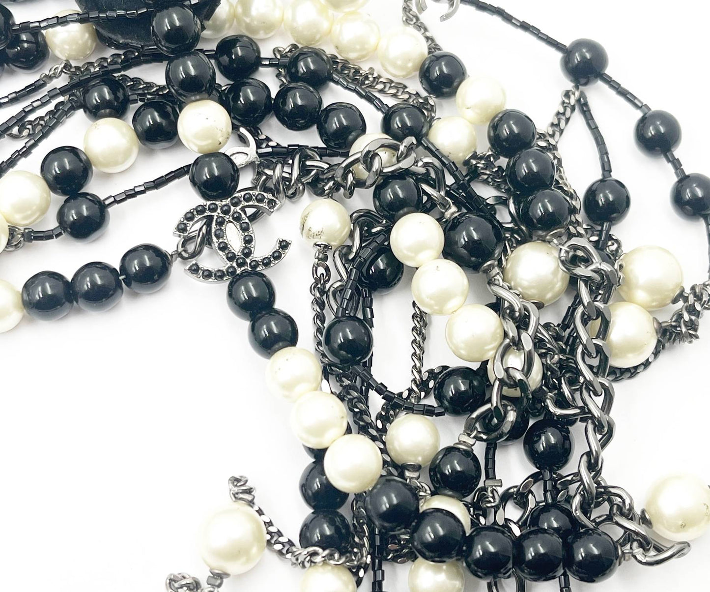 Chanel Black CC Beaded Flower Pin Black Bead Pearl Strand Necklace