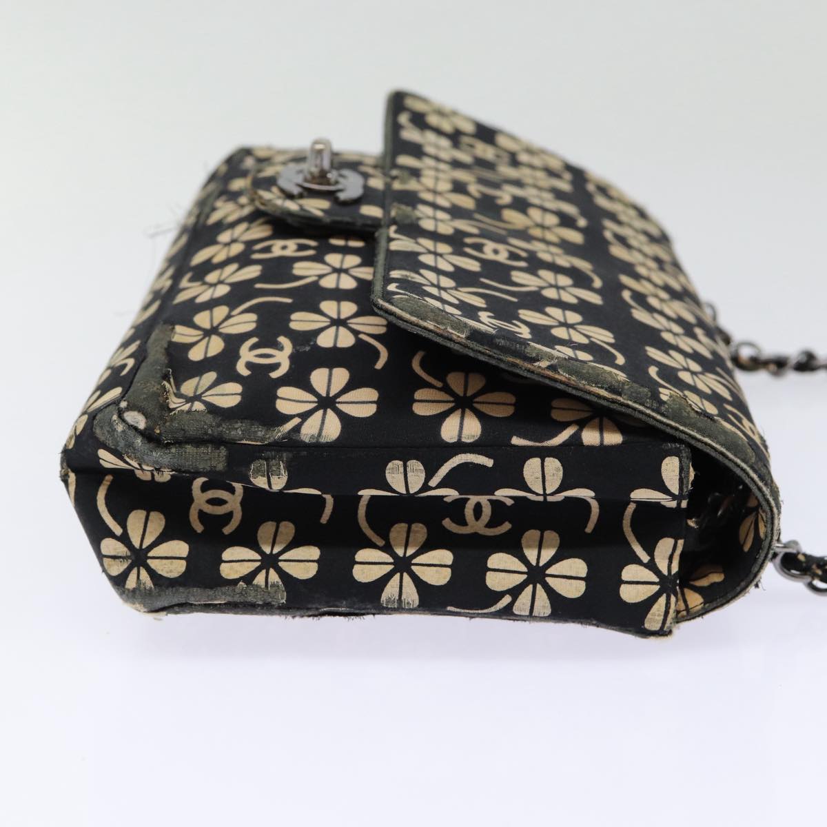 Chanel Clover Turn Lock Chain Shoulder Bag Canvas Black Silver CC Auth bs