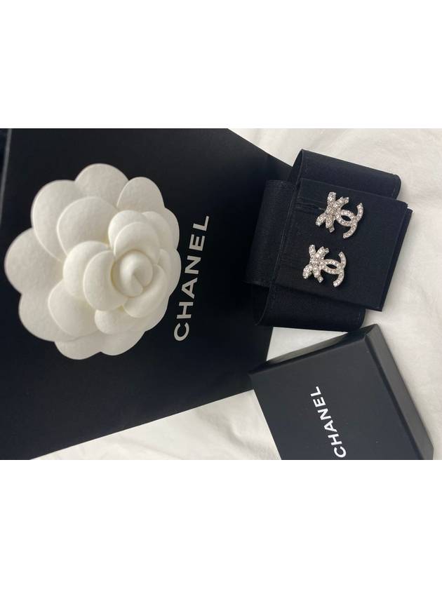 CC Logo Ribbon Metal Diamantes Crystal Earrings Silver Chanel