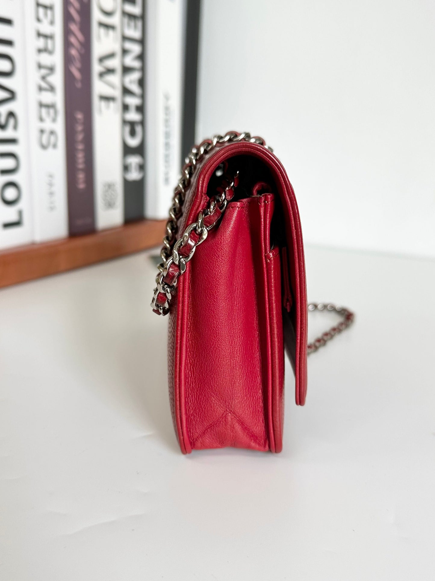 CHANEL Caviar Timeless CC Wallet on Chain WOC Red #BE