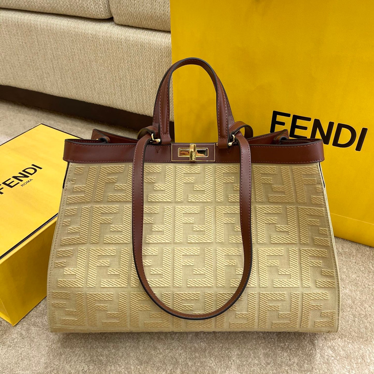 Fendi Ff Canvas Beige Shoulder Bag