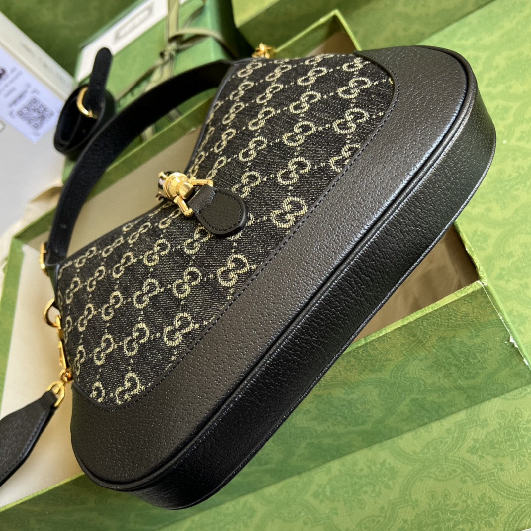 gg Jackie Ivory gg Jacquard Denim Black Small Shoulder Bag